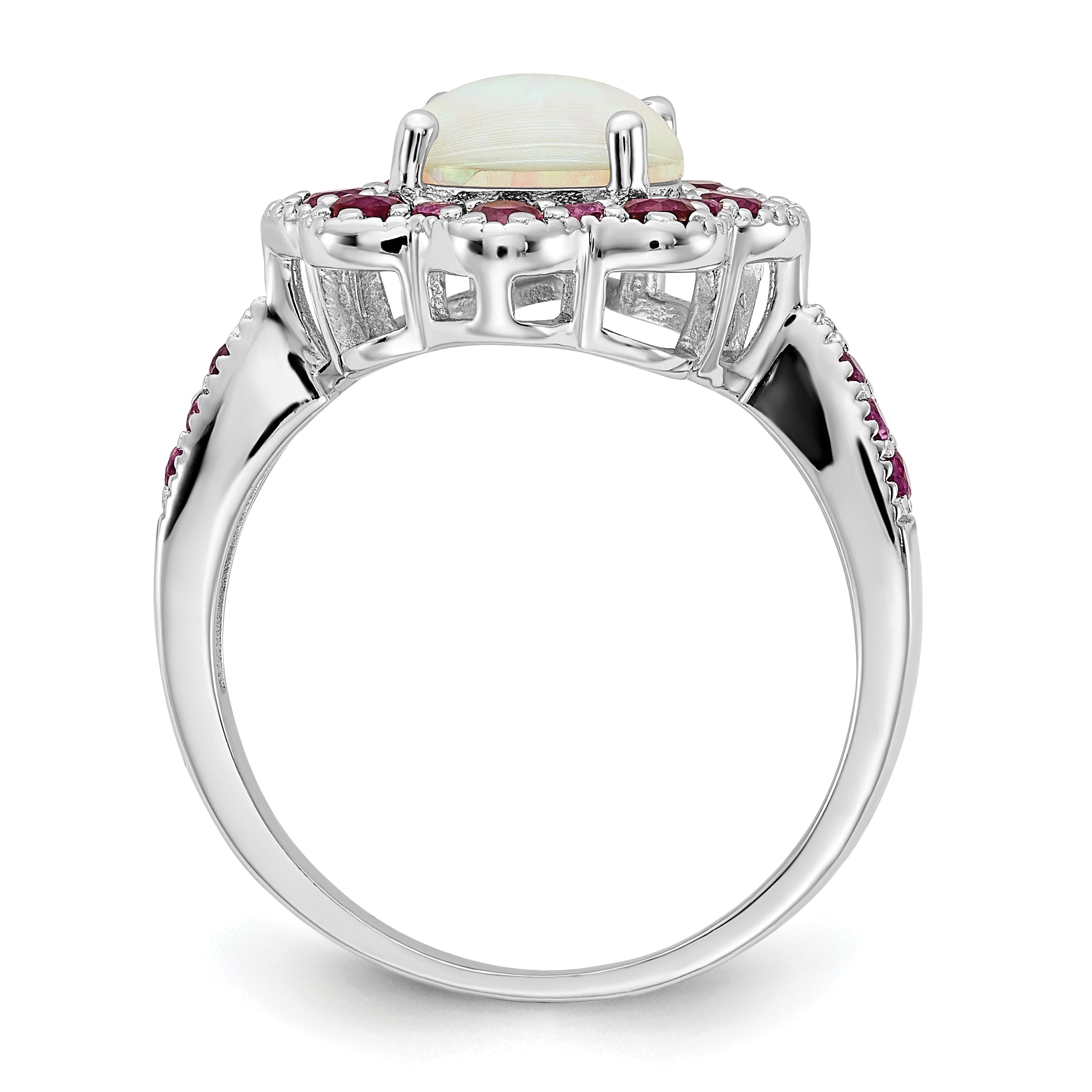 Cheryl M Sterling Silver Rhodium-plated Cabochon Lab Created Opal and Brilliant-cut Red Nano Crystal Flower Ring Secondary image