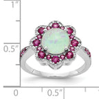 Cheryl M Sterling Silver Rhodium-plated Cabochon Lab Created Opal and Brilliant-cut Red Nano Crystal Flower Ring