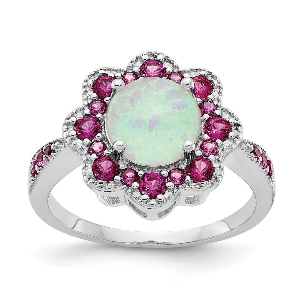 Cheryl M Sterling Silver Rhodium-plated Cabochon Lab Created Opal and Brilliant-cut Red Nano Crystal Flower Ring