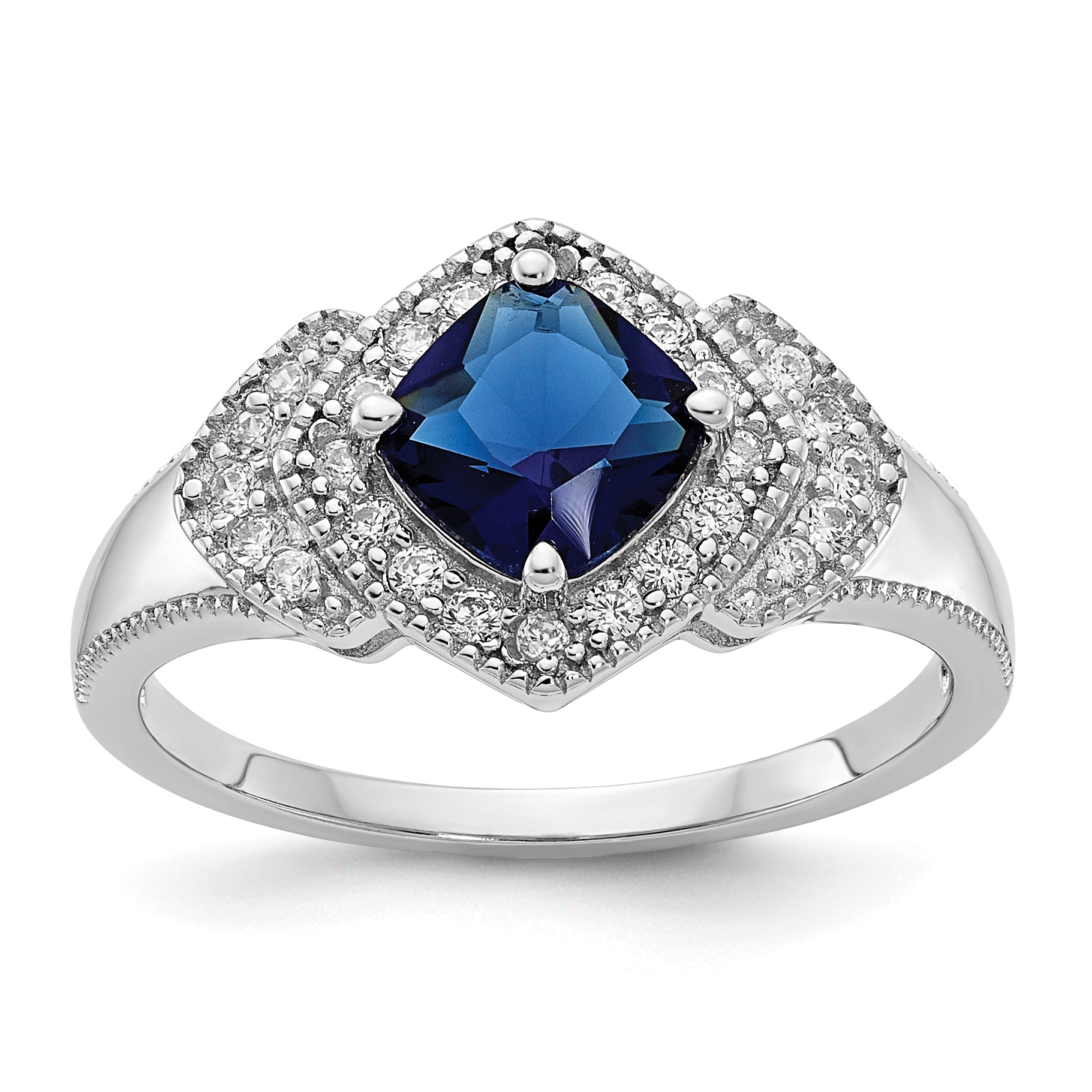 Cheryl M Sterling Silver Rhodium-plated Fancy Cushion-cut Blue Glass and Brilliant-cut White CZ Ring Main image