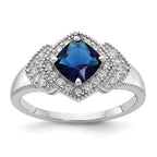Cheryl M Sterling Silver Rhodium-plated Fancy Cushion-cut Blue Glass and Brilliant-cut White CZ Ring