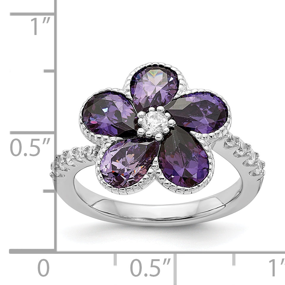 Cheryl M Sterling Silver Rhodium-plated Purple and White Brilliant-cut CZ Flower Ring Secondary image