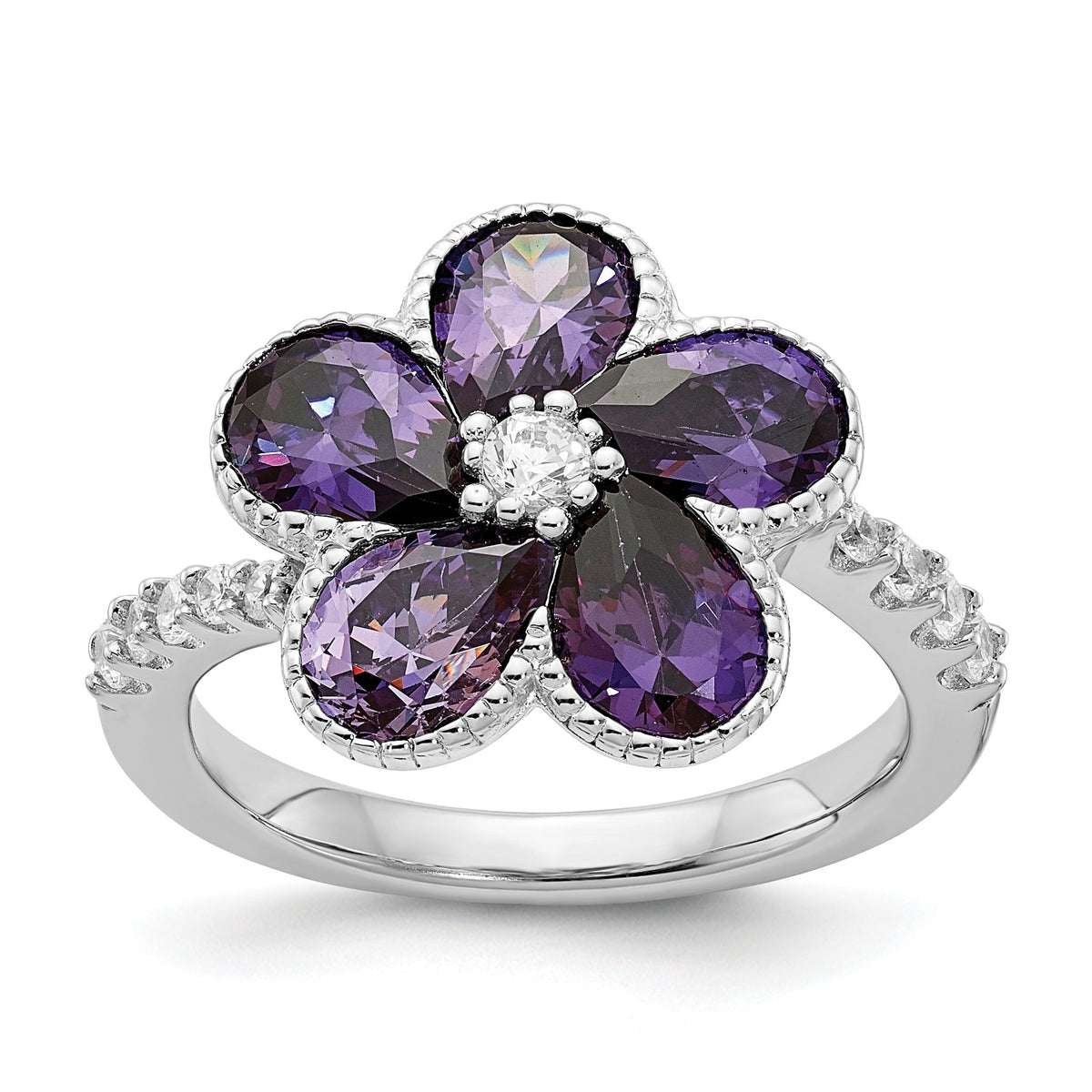 Purple & White Cubic Zirconia Flower Ring in Sterling Silver - Sophia Jewelers Main image