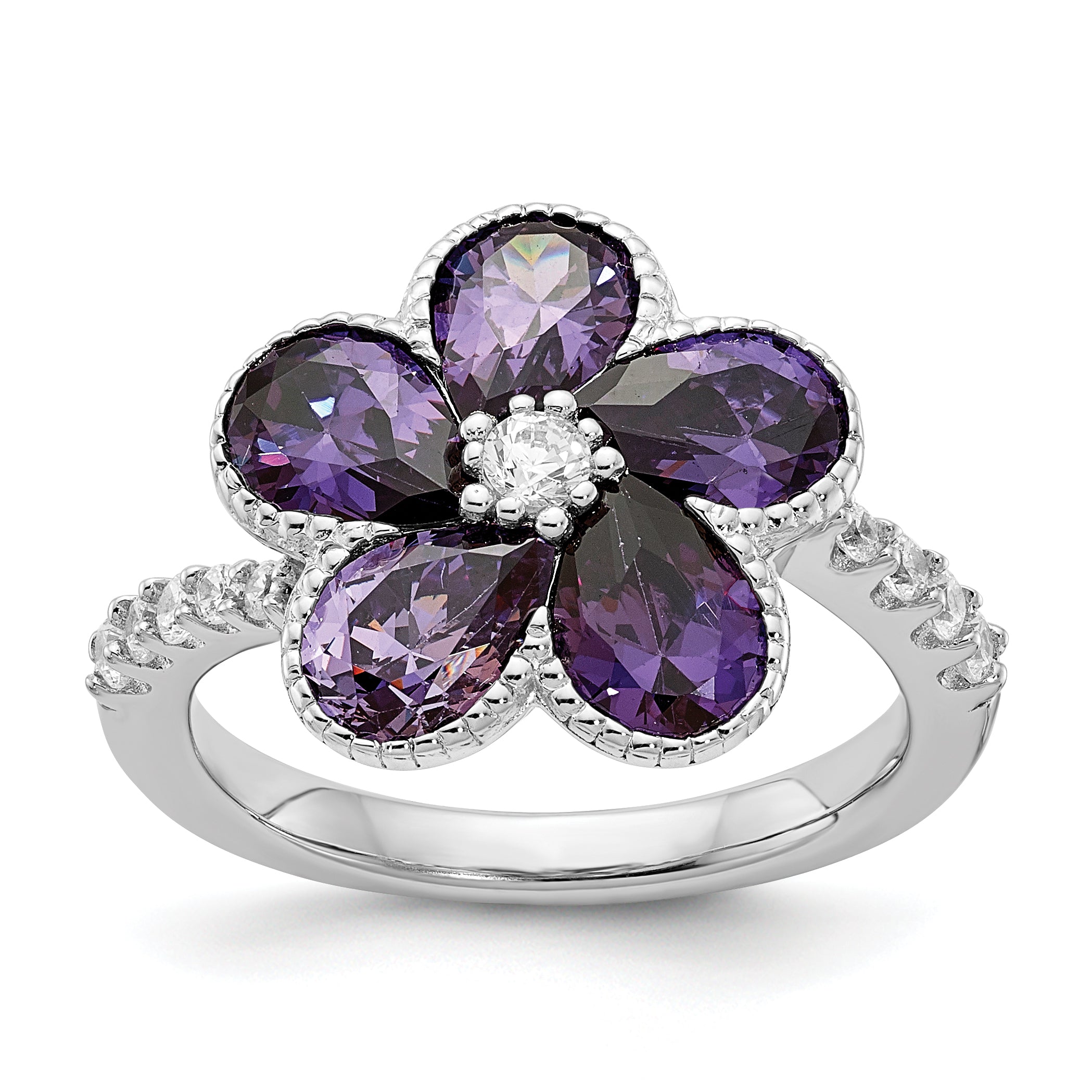 Cheryl M Sterling Silver Rhodium-plated Purple and White Brilliant-cut CZ Flower Ring Main image