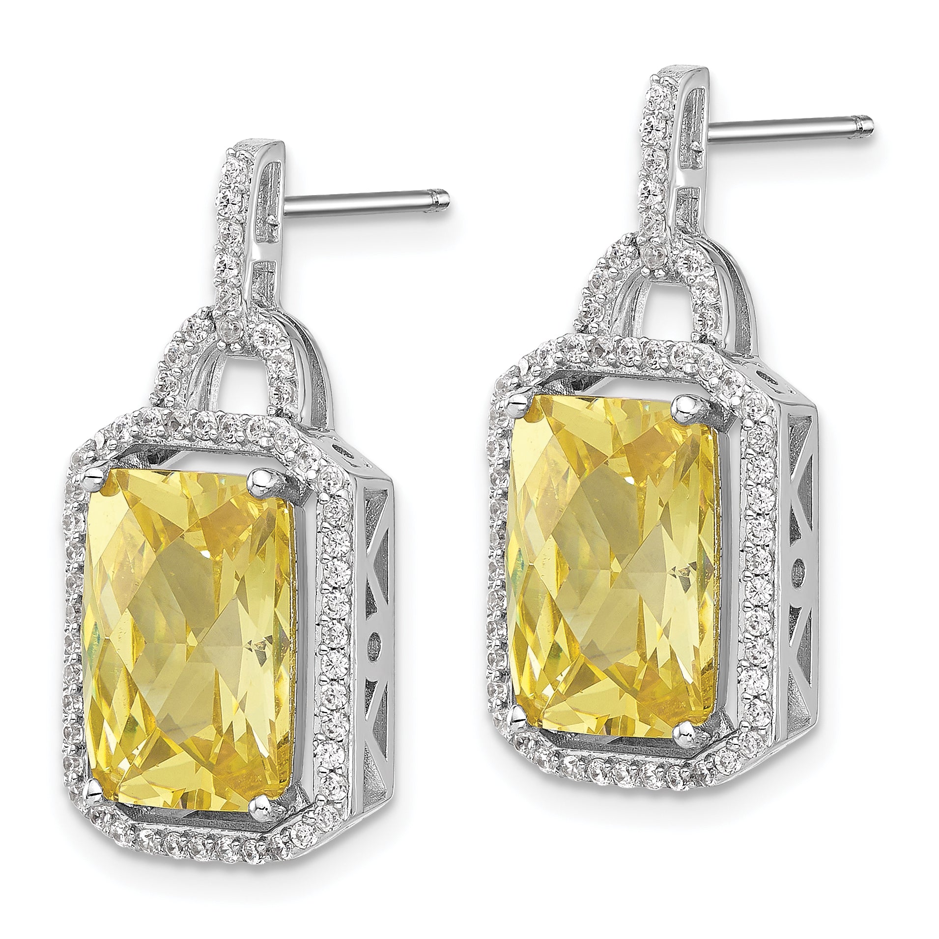 Cheryl M Sterling Silver Rhodium-plated Fancy Yellow Checkerboard-cut and White Brilliant-cut CZ Post Dangle Earrings Secondary image