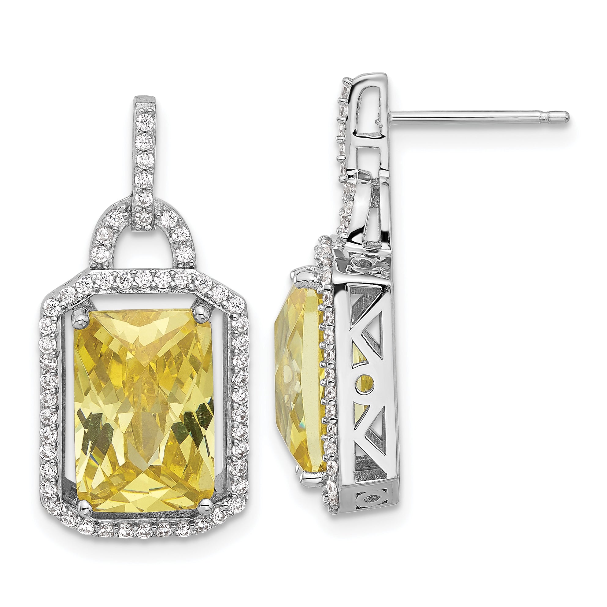 Cheryl M Sterling Silver Rhodium-plated Fancy Yellow Checkerboard-cut and White Brilliant-cut CZ Post Dangle Earrings Main image