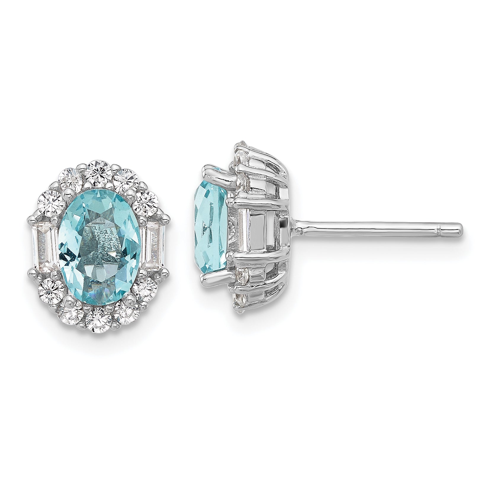 Cheryl M Sterling Silver Rhodium-plated Blue & White Brilliant-cut and Emerald-cut CZ Oval Post Earrings Main image