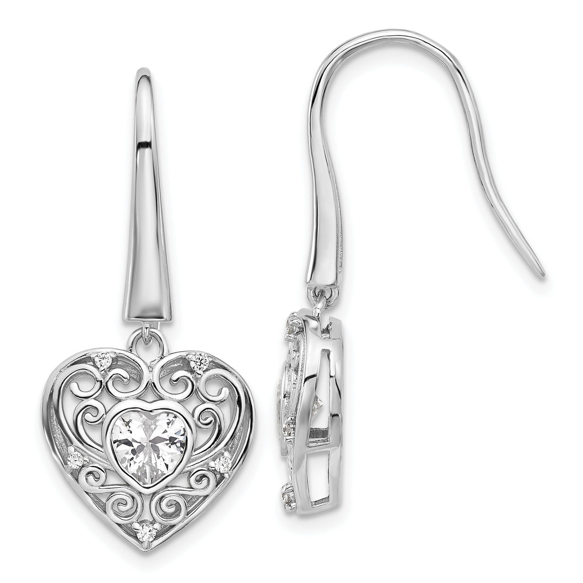 Cubic Zirconia Heart Dangle Earrings in Sterling Silver with Filigree Frame - Sophia Jewelers Main image