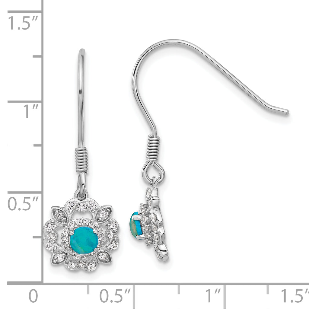 Cheryl M Sterling Silver Rhodium-plated Cabochon Lab Created Blue Opal and Brilliant-cut CZ Shepherd Hook Dangle Earrings