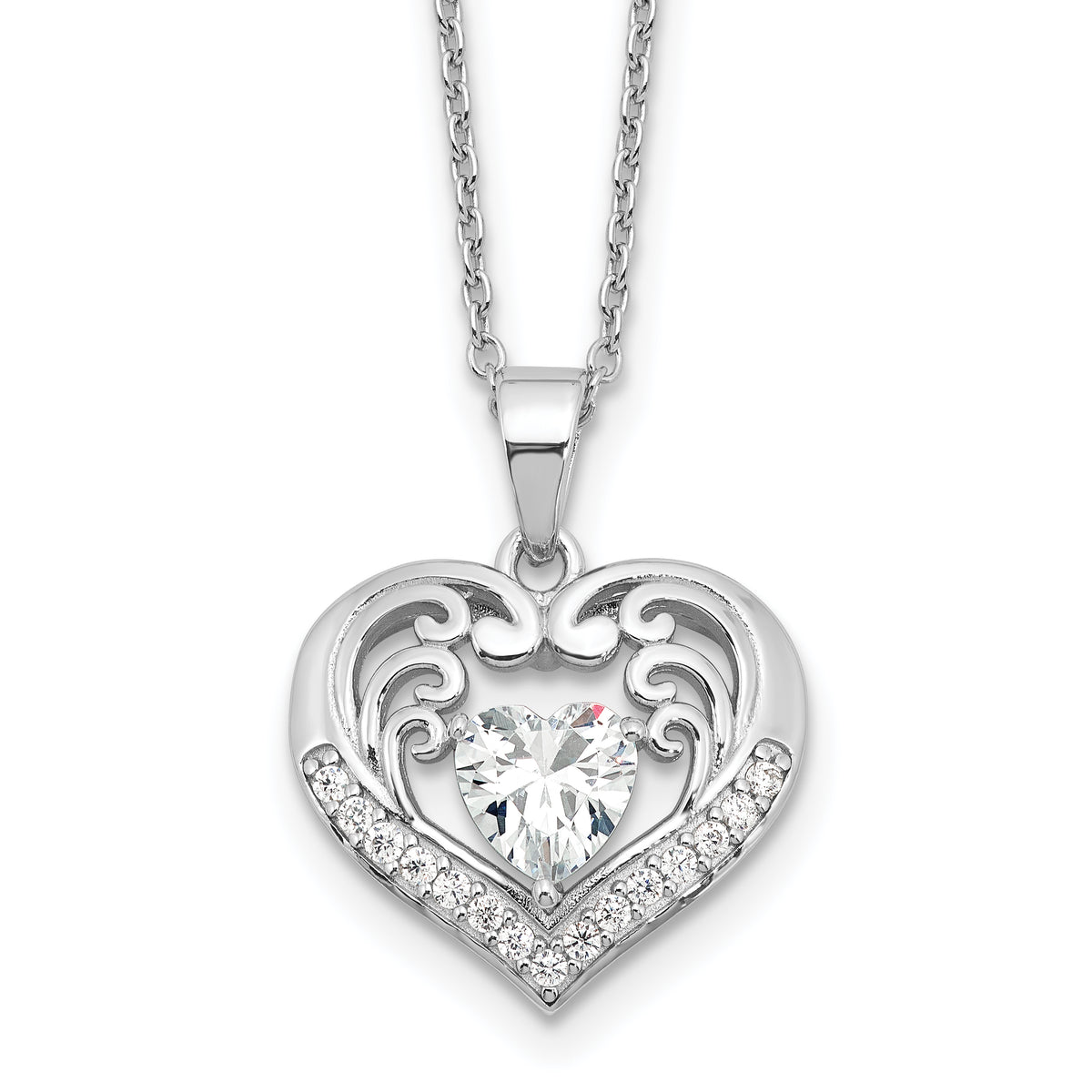 Cheryl M Sterling Silver Rhodium-plated Brilliant-cut CZ Heart 18 Inch Necklace with 2 Inch Extender