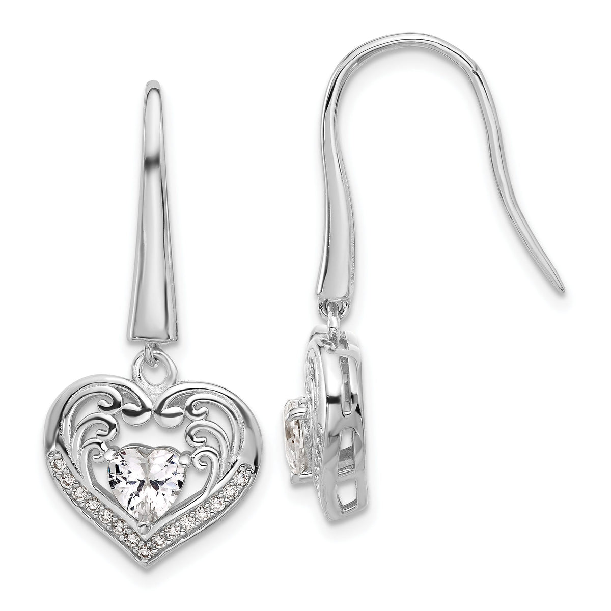Pave Surround Cubic Zirconia Heart Dangle Earrings in Sterling Silver - Sophia Jewelers Main image