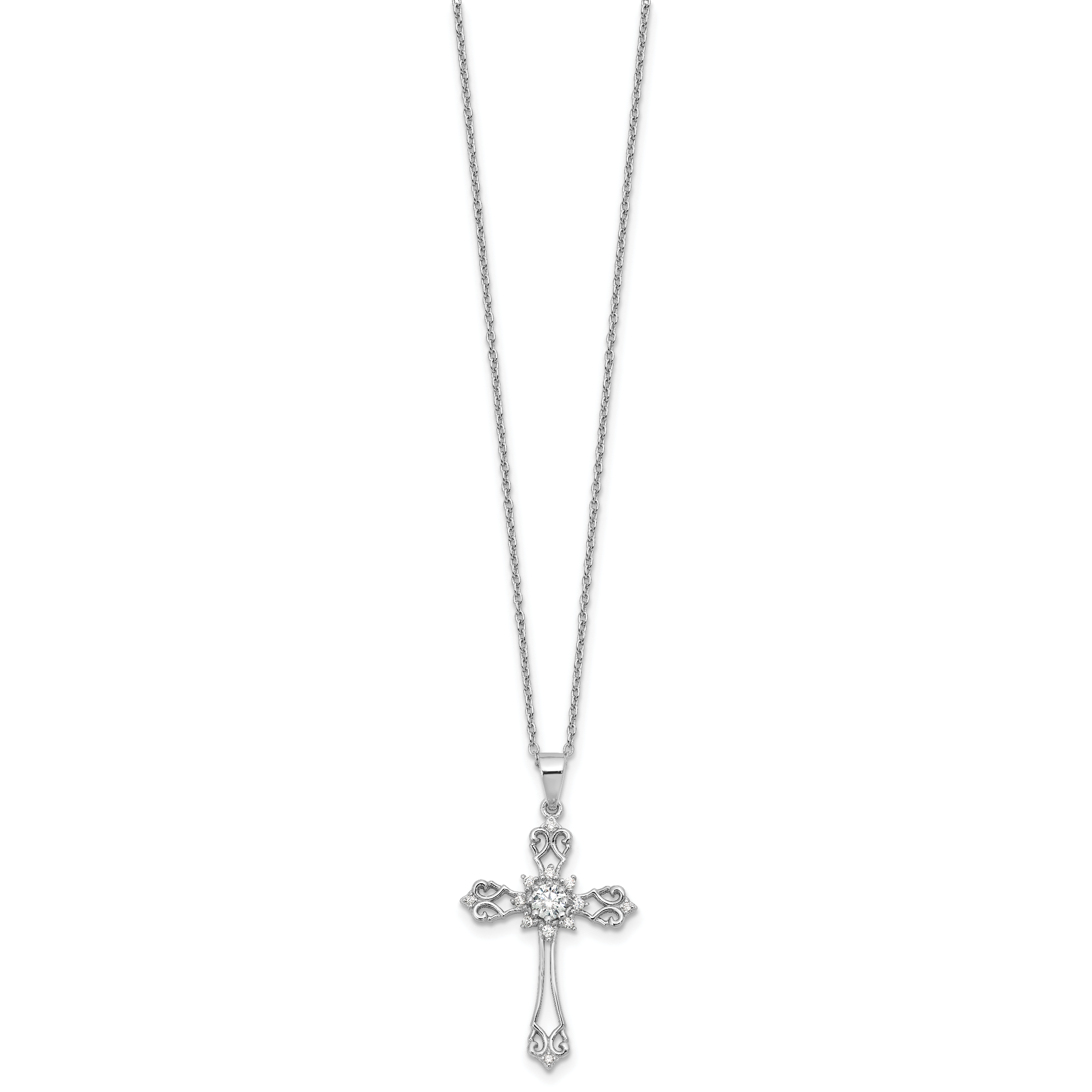 Cheryl M Sterling Silver Rhodium-plated Brilliant-cut CZ Cross 18 Inch Necklace with 2 Inch Extender Secondary image