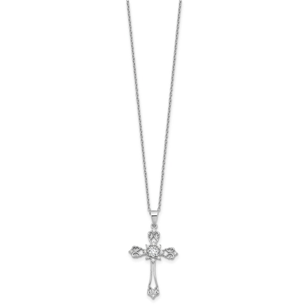 Cheryl M Sterling Silver Rhodium-plated Brilliant-cut CZ Cross 18 Inch Necklace with 2 Inch Extender