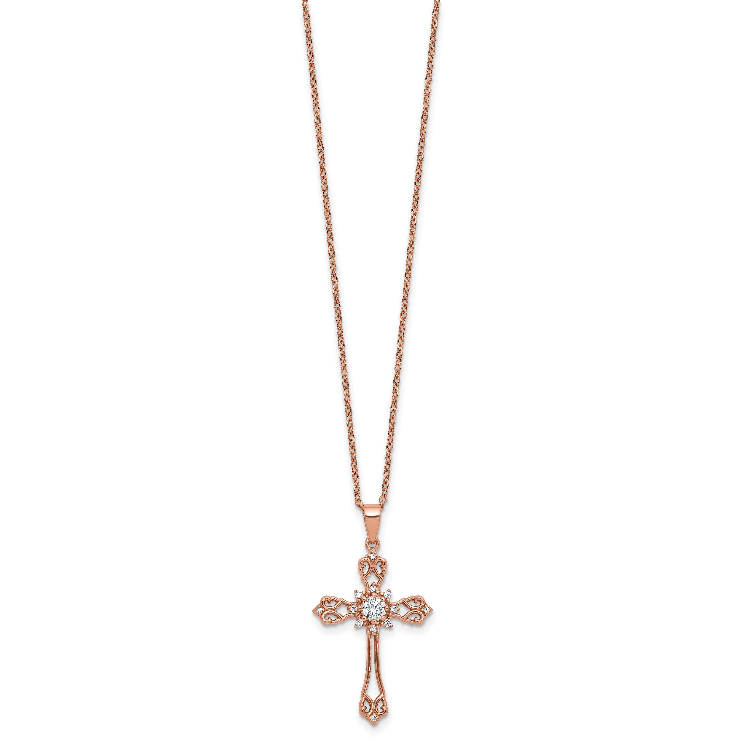 Cheryl M Sterling Silver Rose Gold-plated Polished CZ Cross with 2 Inch Extension Necklace