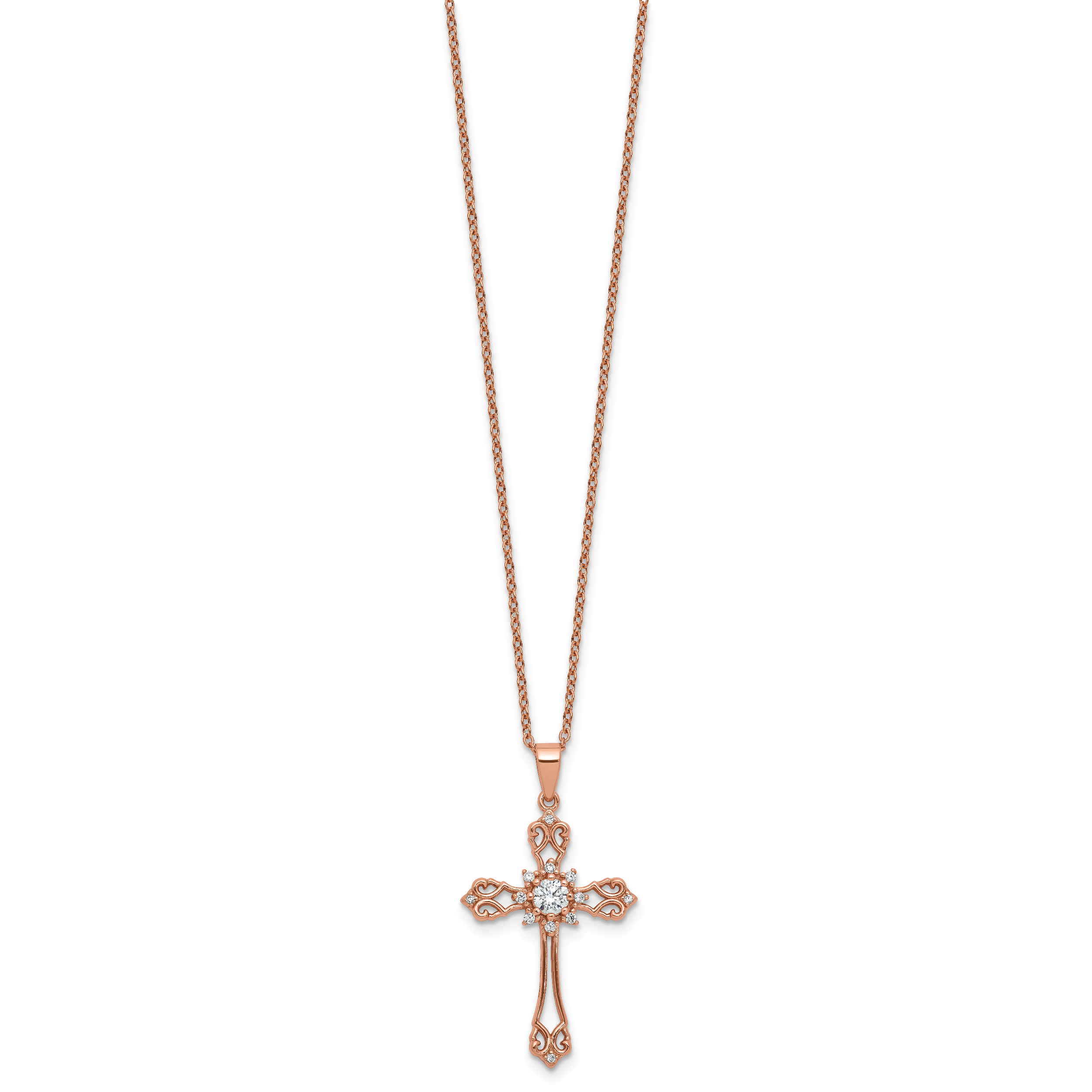 Cheryl M Sterling Silver Rose Gold-plated Polished CZ Cross with 2 Inch Extension Necklace Secondary image