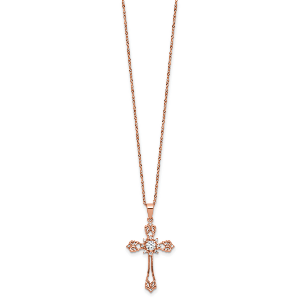 Cheryl M Sterling Silver Rose Gold-plated Polished CZ Cross with 2 Inch Extension Necklace