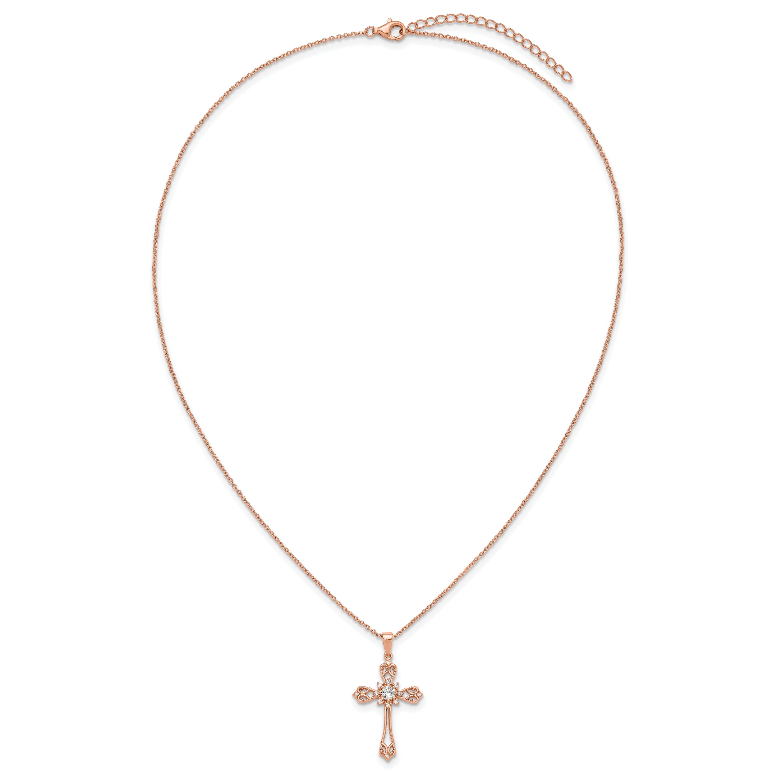 Cheryl M Sterling Silver Rose Gold-plated Polished CZ Cross with 2 Inch Extension Necklace