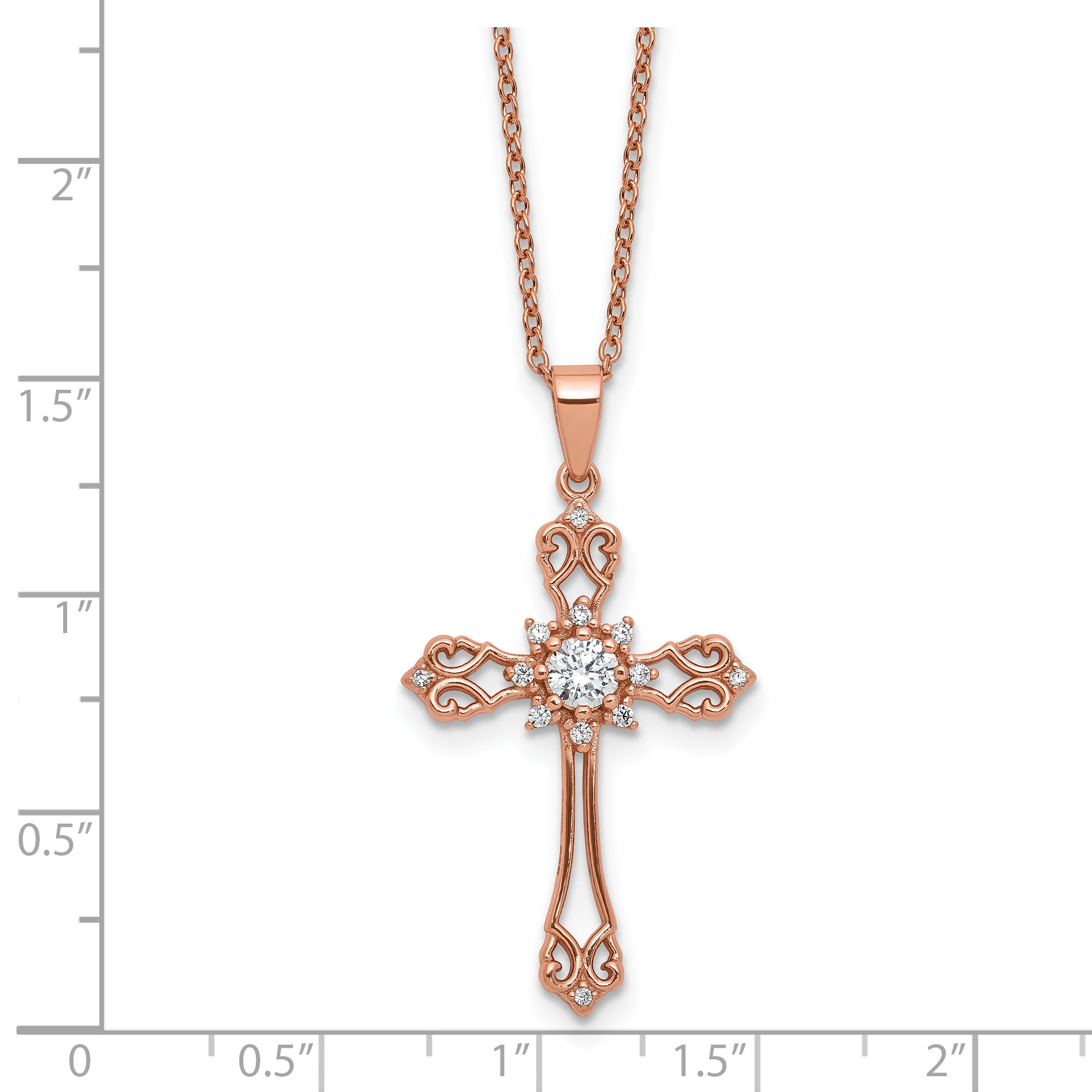 Cheryl M Sterling Silver Rose Gold-plated Polished CZ Cross with 2 Inch Extension Necklace