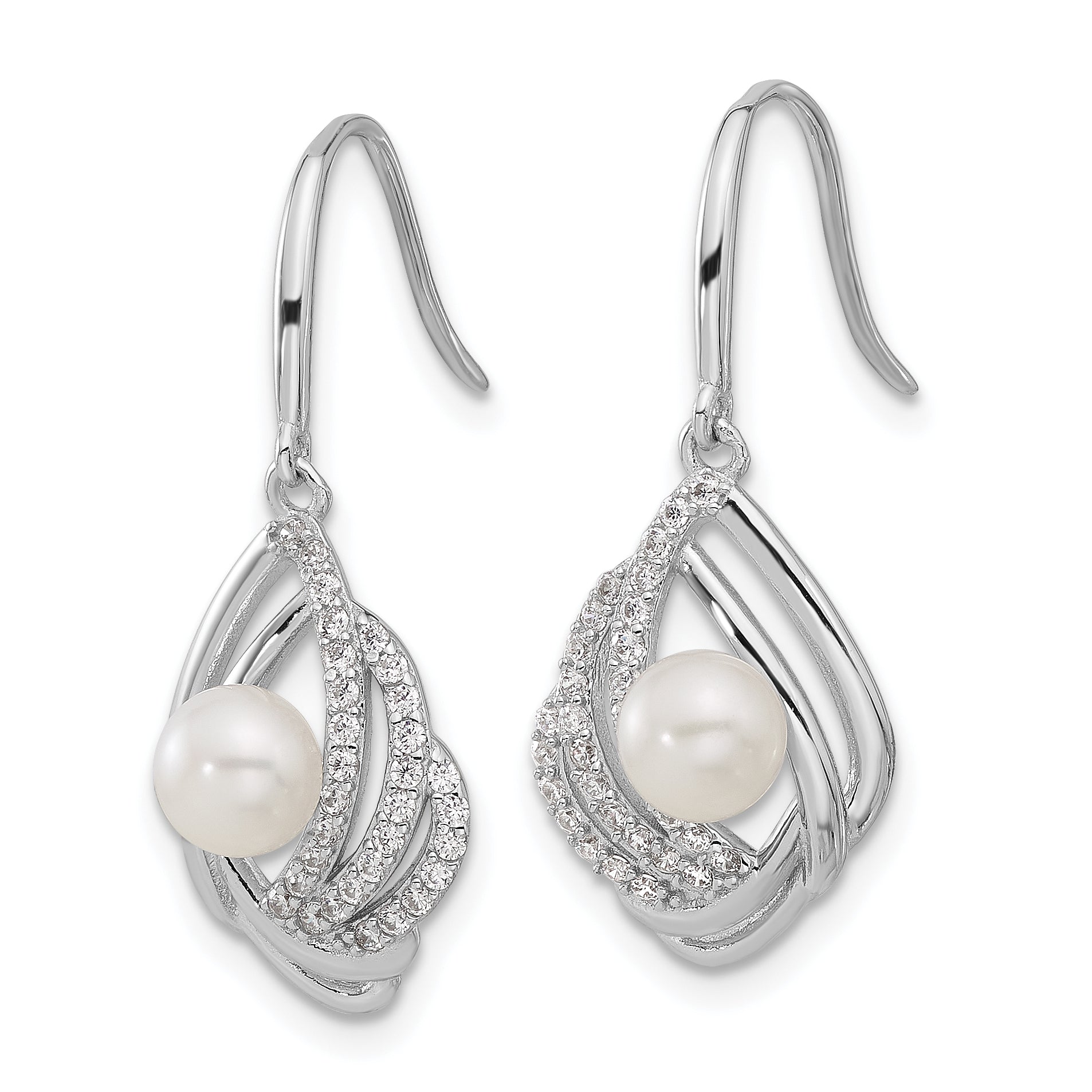 Cheryl M Sterling Silver Rhodium-plated Freshwater Cultured Pearl and Brilliant-cut CZ Teardrop Shepherd Hook Dangle Earrings Secondary image