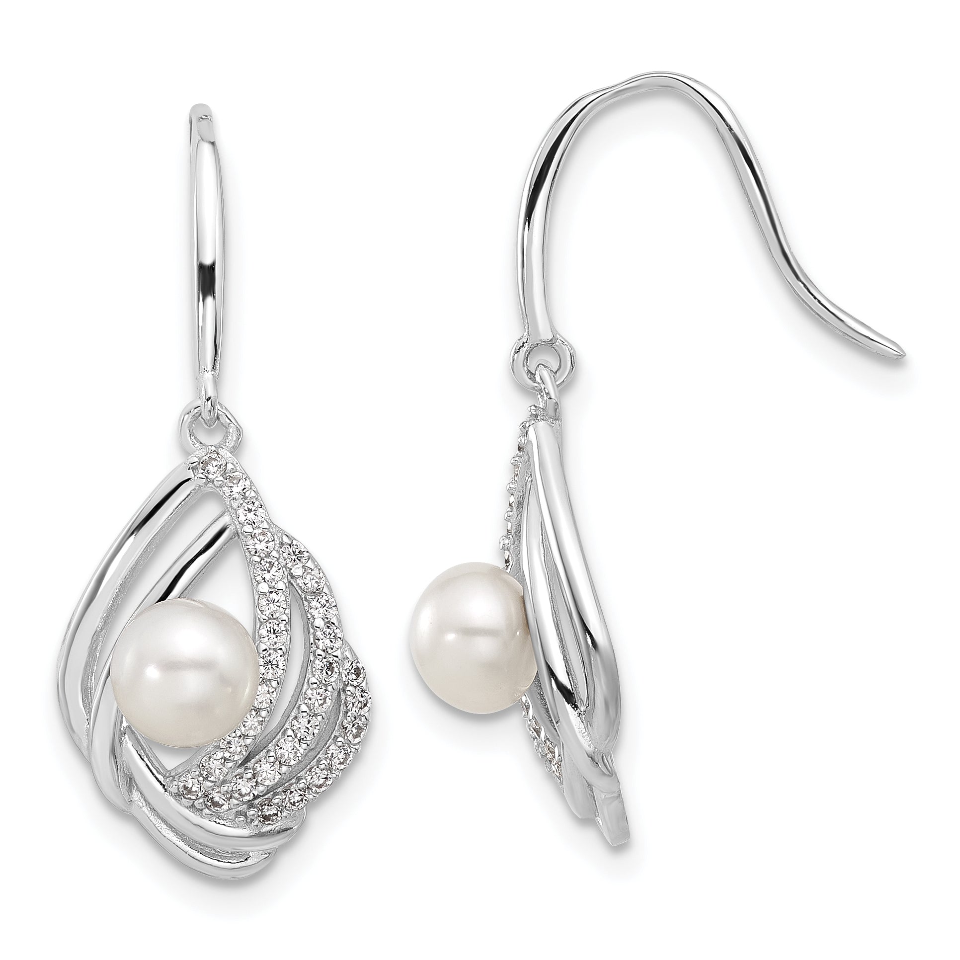 Cheryl M Sterling Silver Rhodium-plated Freshwater Cultured Pearl and Brilliant-cut CZ Teardrop Shepherd Hook Dangle Earrings Main image
