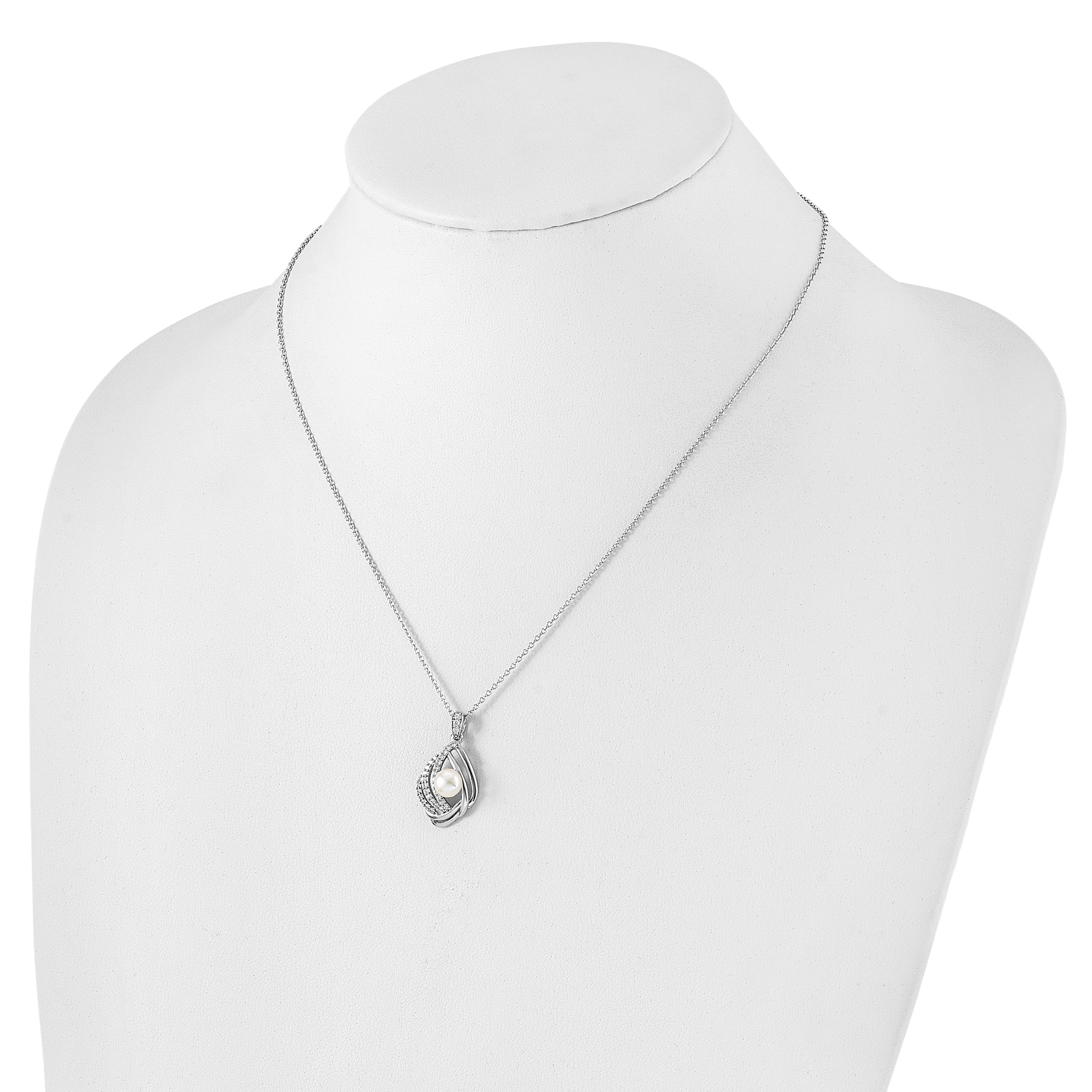 Cheryl M Sterling Silver Rhodium-plated Freshwater Cultured Pearl and Brilliant-cut CZ Teardrop Design 18 Inch Necklace with 2 Inch Extender