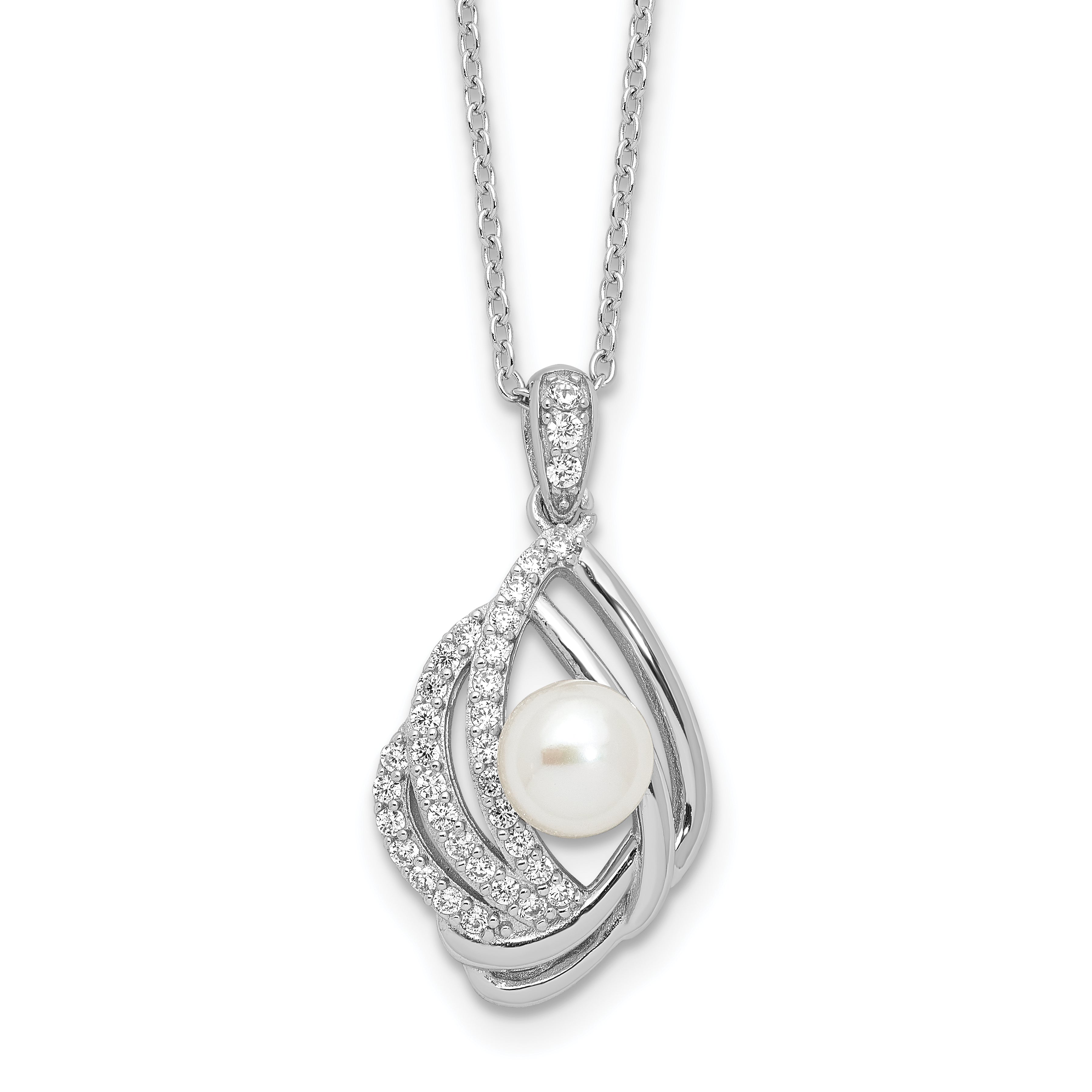 Cheryl M Sterling Silver Rhodium-plated Freshwater Cultured Pearl and Brilliant-cut CZ Teardrop Design 18 Inch Necklace with 2 Inch Extender Main image