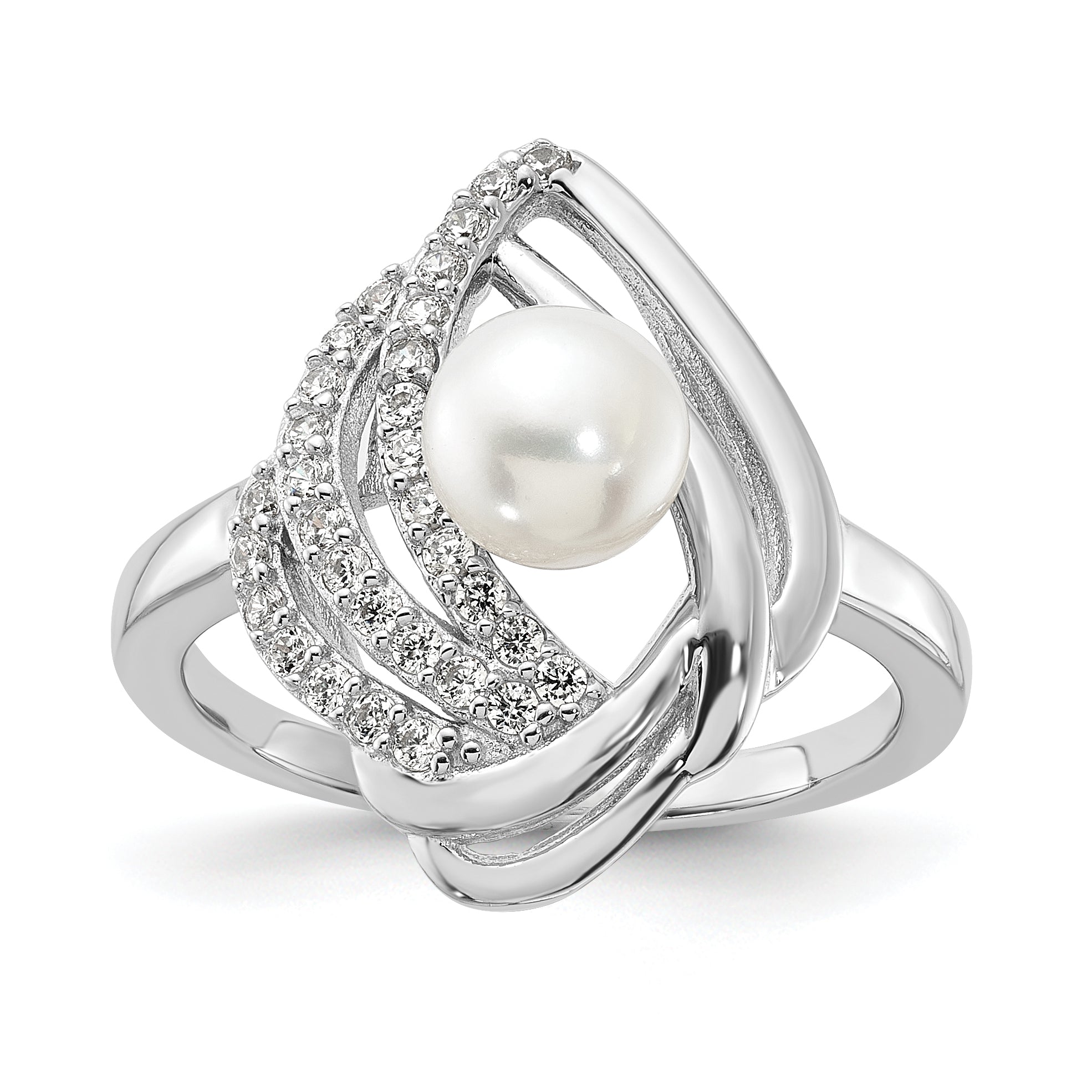 Cheryl M Sterling Silver Rhodium-plated Freshwater Cultured Pearl and Brilliant-cut CZ Fancy Teardrop Design Ring Main image