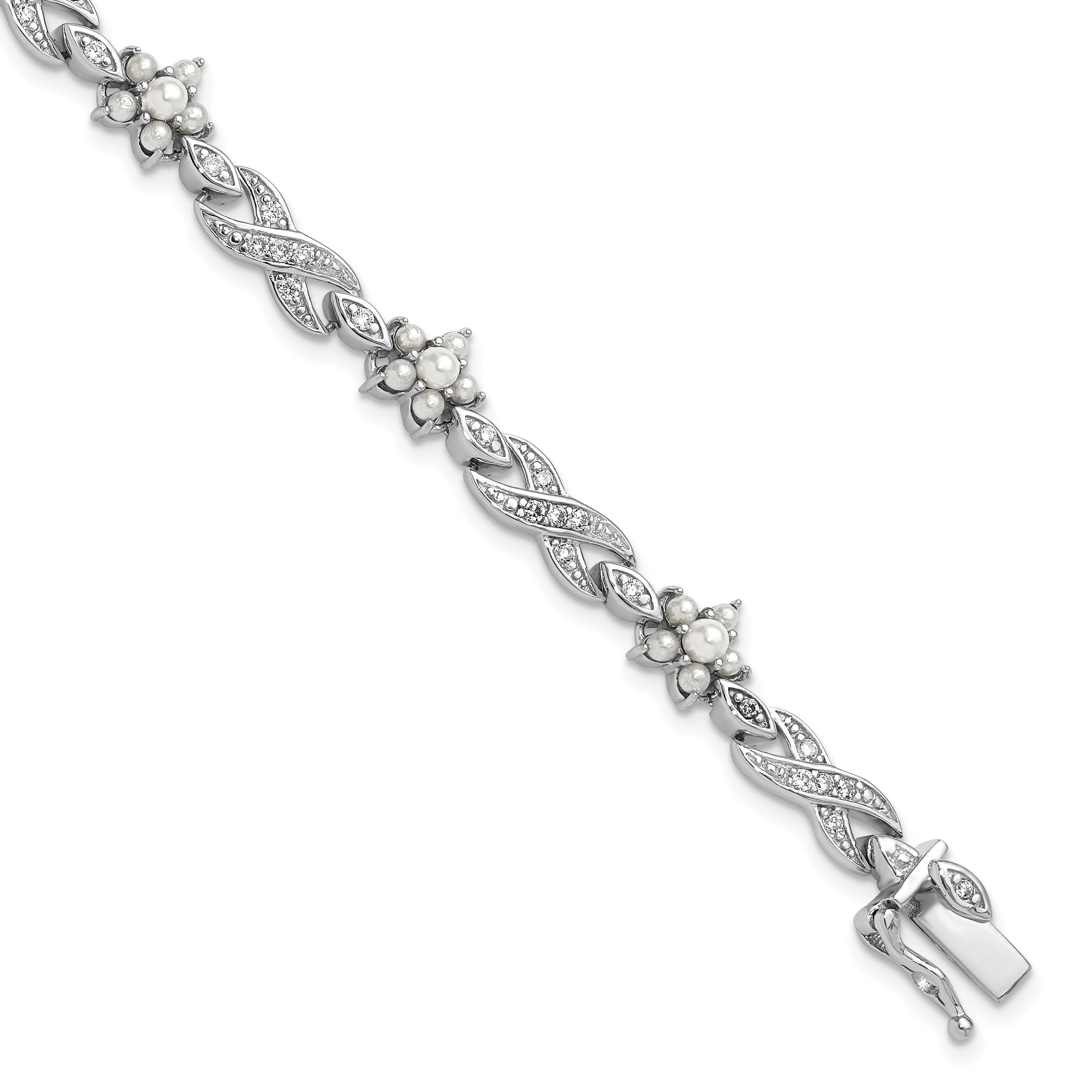 Cheryl M Sterling Silver Rhodium-Rhodium-Plated Brilliant-cut CZ & Glass Pearl Floral Infinity 7.25 Inch Bracelet Main image