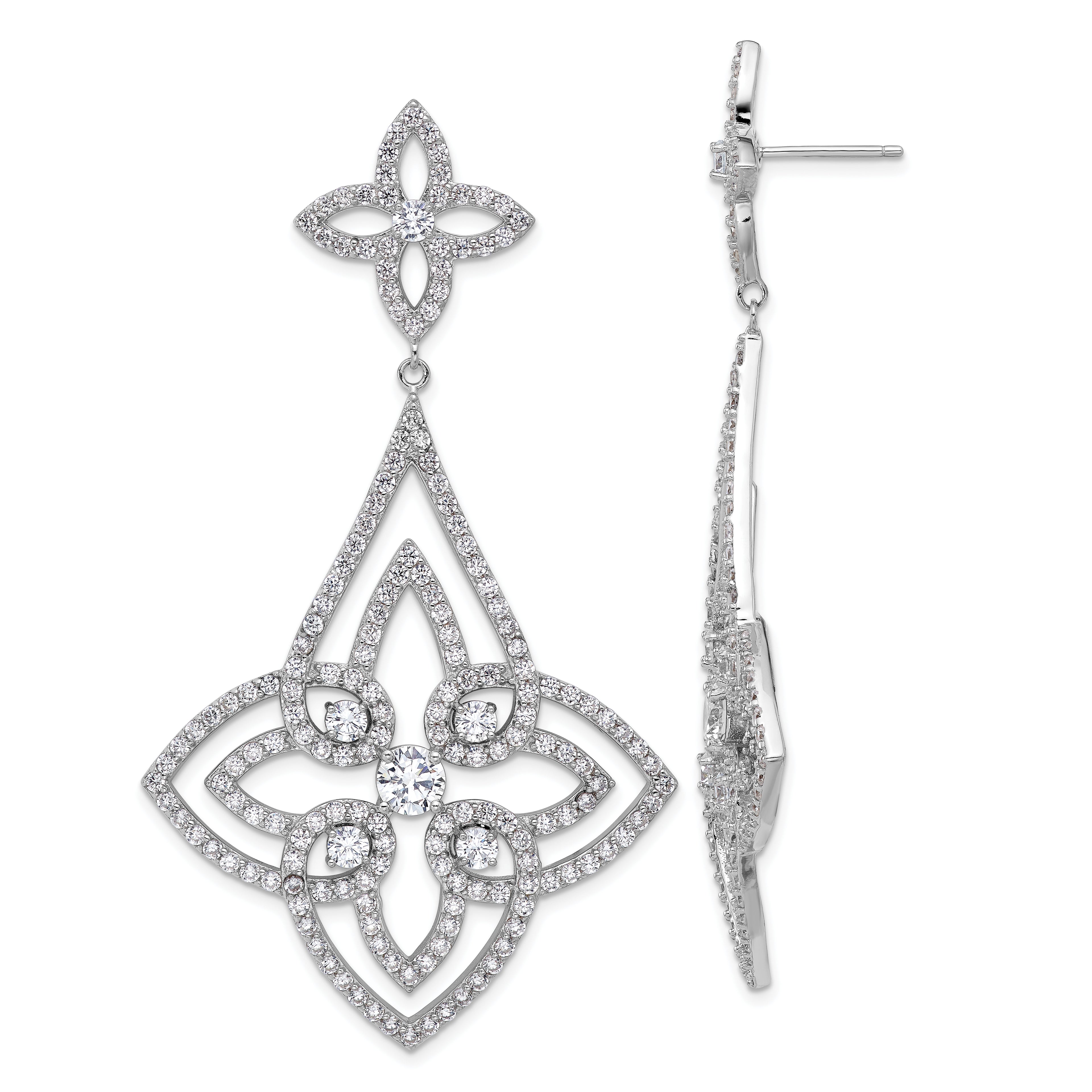Cheryl M Sterling Silver Rhodium-plated Fancy Floral Design Brilliant-cut CZ Post Dangle Earrings