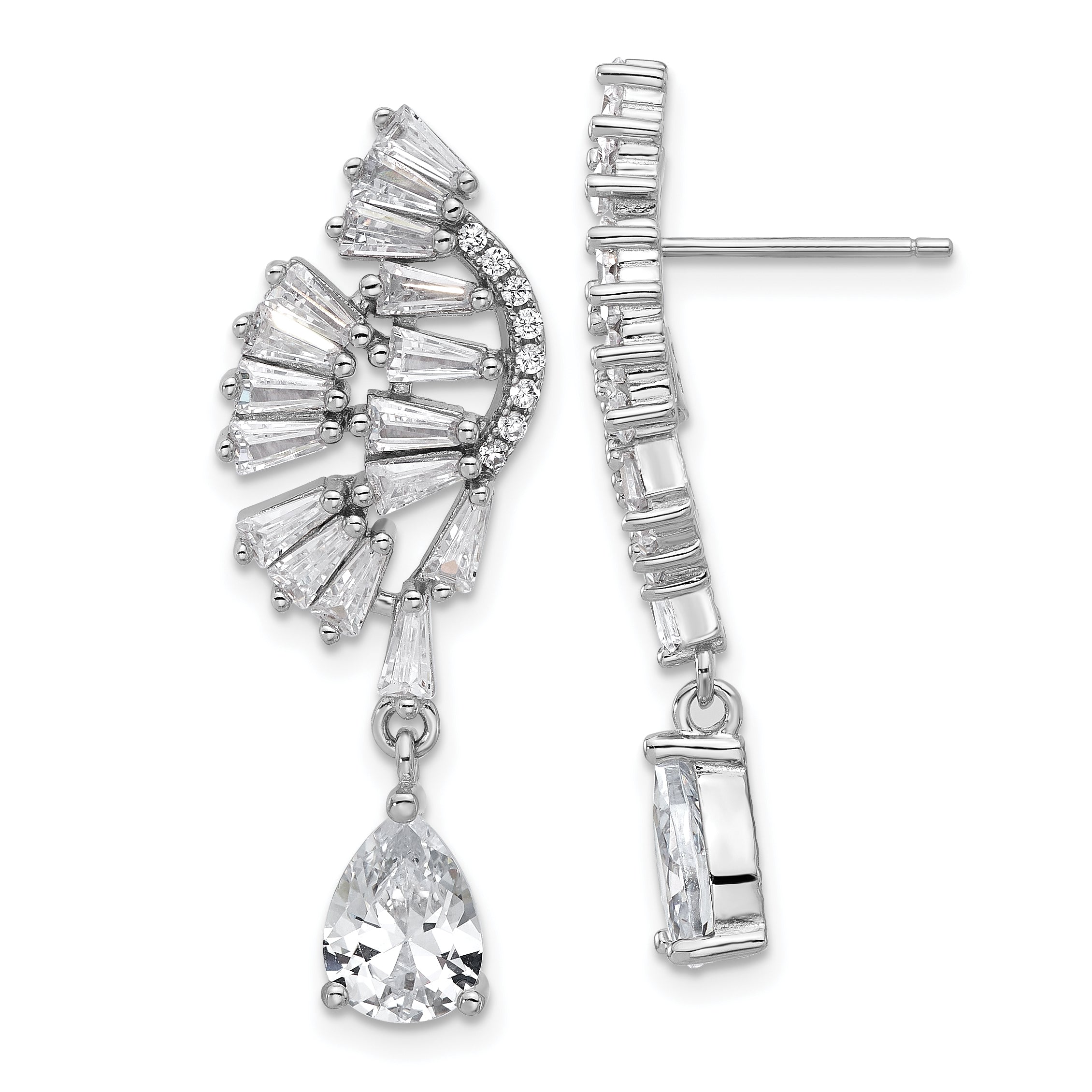 Cheryl M Sterling Silver Rhodium-plated Fancy Brilliant-cut & Tapered Baguette-cut CZ Post Dangle Earrings Main image