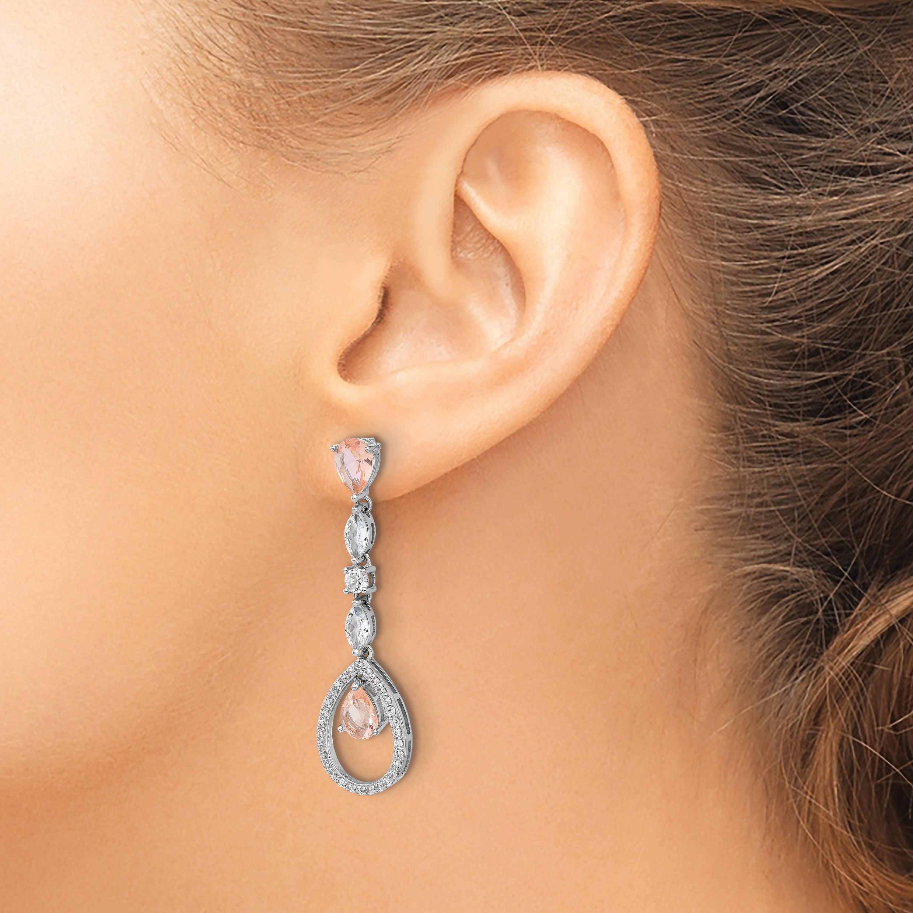 Cheryl M Sterling Silver Rhodium-plated Fancy Brilliant-cut Simulated Morganite/ White Marquise-cut and Brilliant-cut CZ Teardrop Post Dangle Earrings