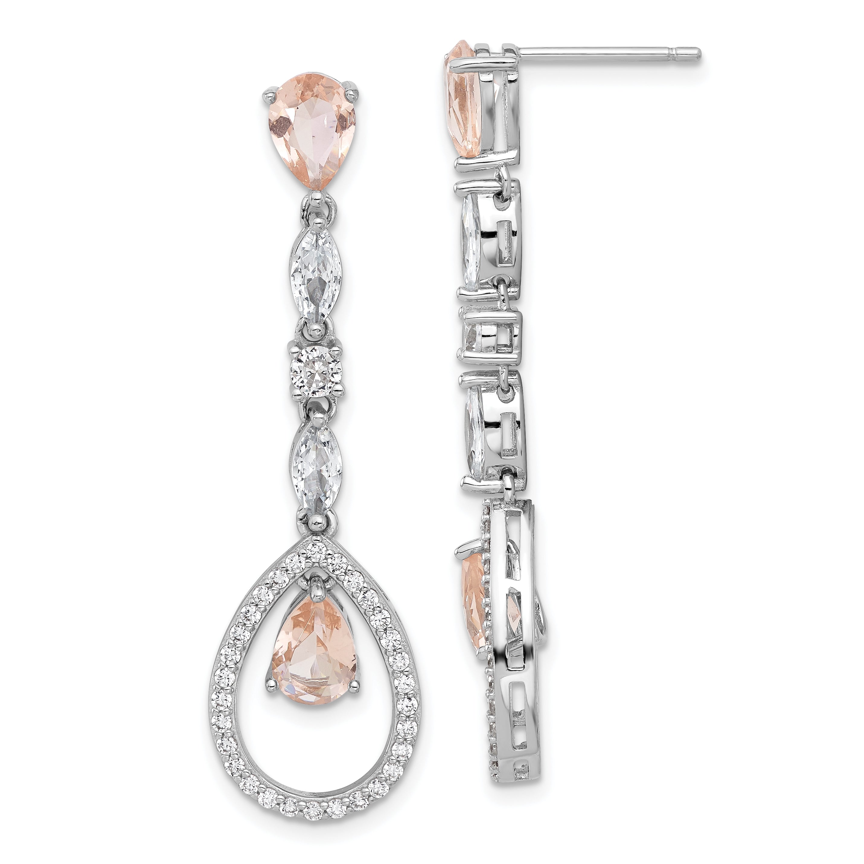 Cheryl M Sterling Silver Rhodium-plated Fancy Brilliant-cut Simulated Morganite/ White Marquise-cut and Brilliant-cut CZ Teardrop Post Dangle Earrings Main image