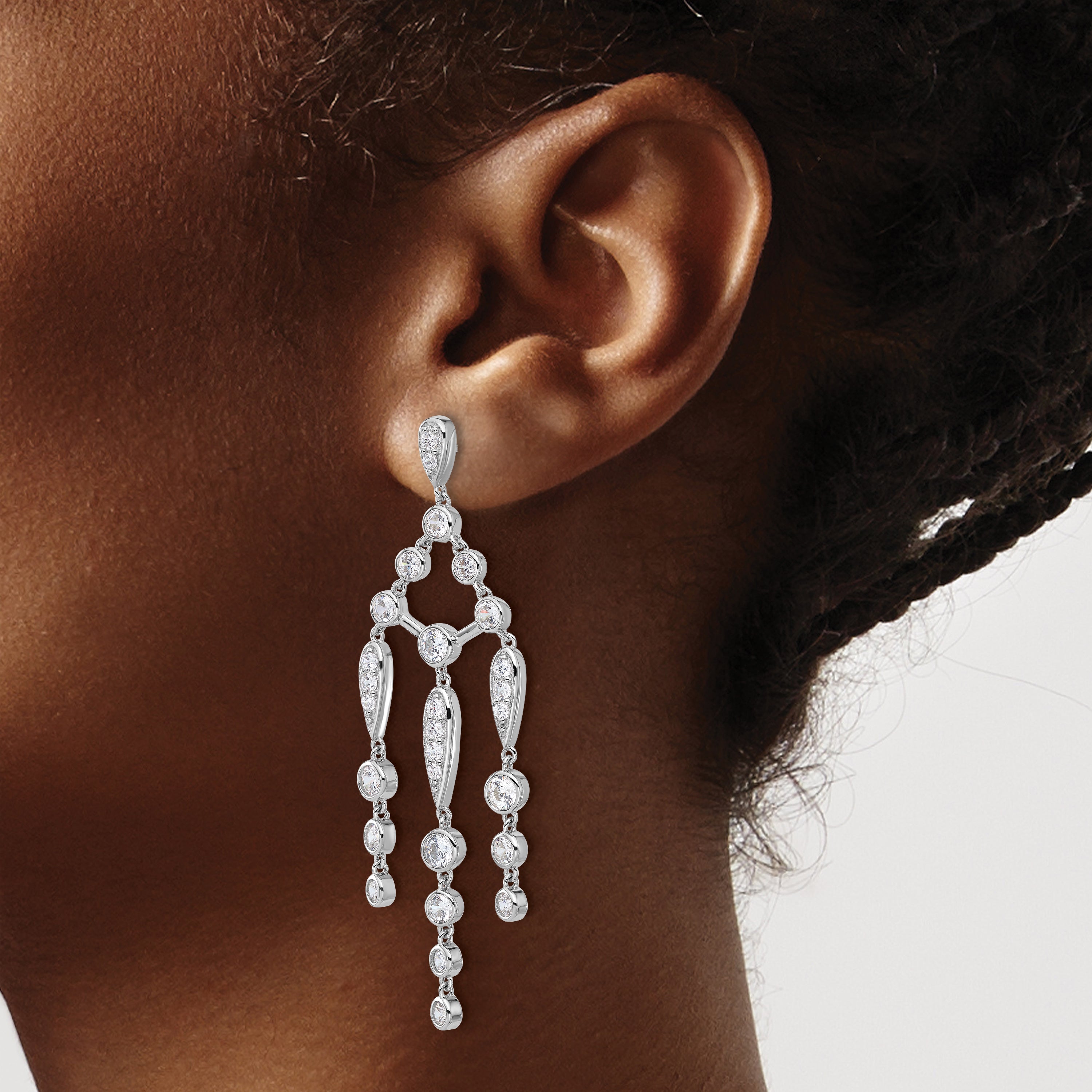 Cheryl M Sterling Silver Rhodium-plated Brilliant-cut Bezel CZ Chandelier Post Dangle Earrings