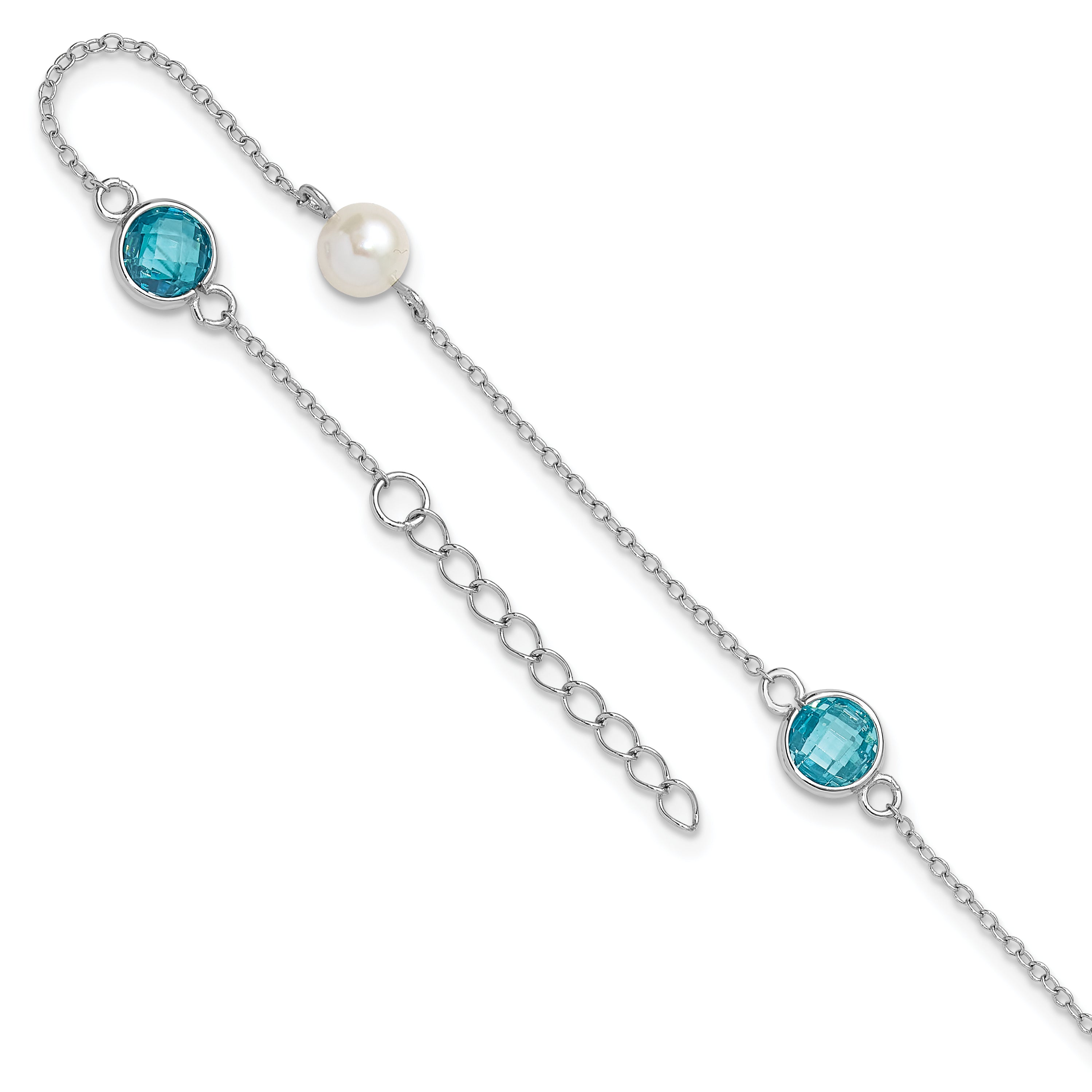 Cheryl M Sterling Silver Rhodium-Rhodium-Plated Blue Double Pineapple-cut CZ & White Freshwater Cultured Pearl 5 Station 9 Inch Anklet with 1 Inch Extender Main image