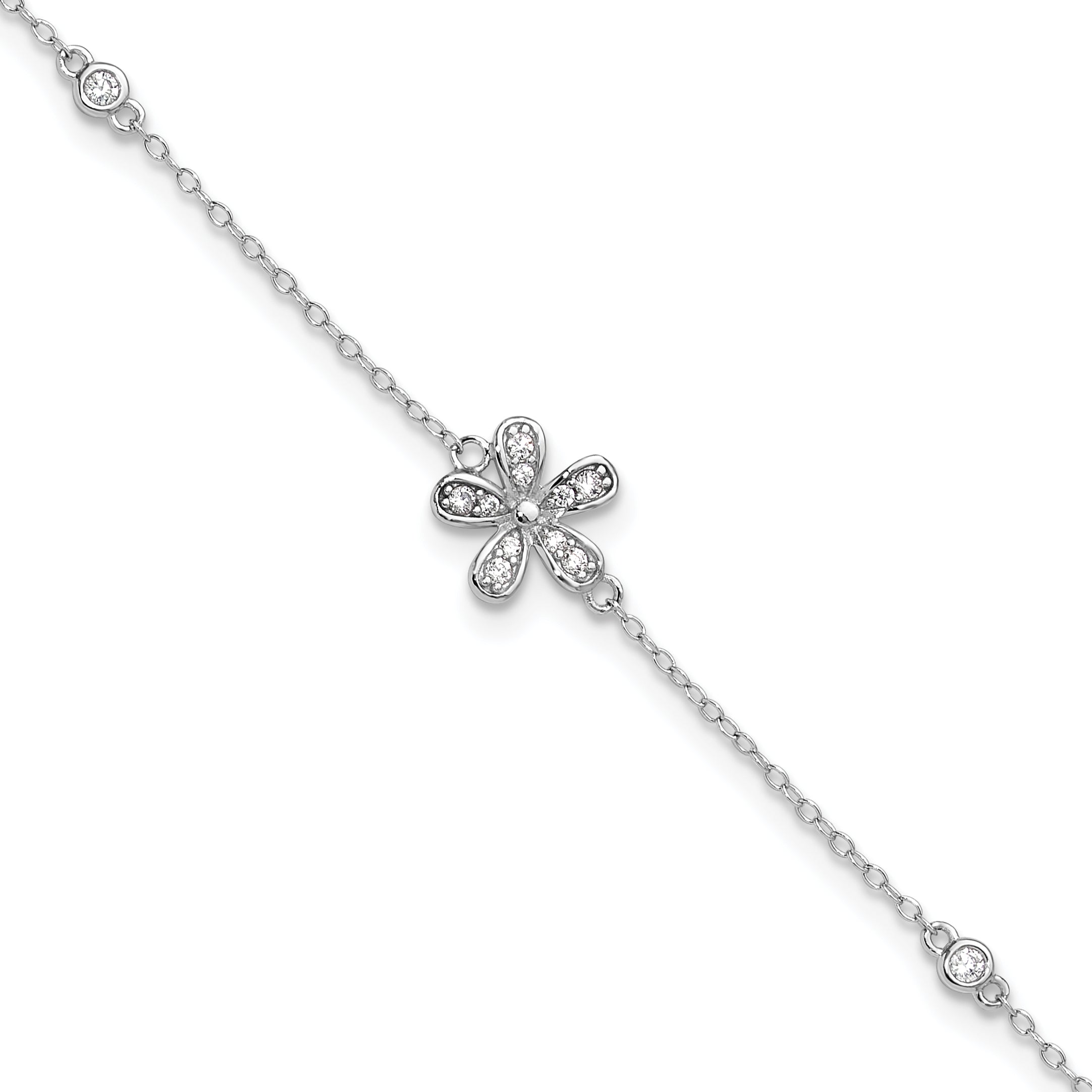 Cheryl M Sterling Silver Rhodium-Rhodium-Plated Brilliant-cut CZ Flower 9 Inch Anklet with 1 Inch Extender Main image