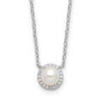 Cheryl M Sterling Silver Rhodium-plated Button Freshwater Cultured Pearl and Brilliant-cut CZ Halo 18 Inch Necklace