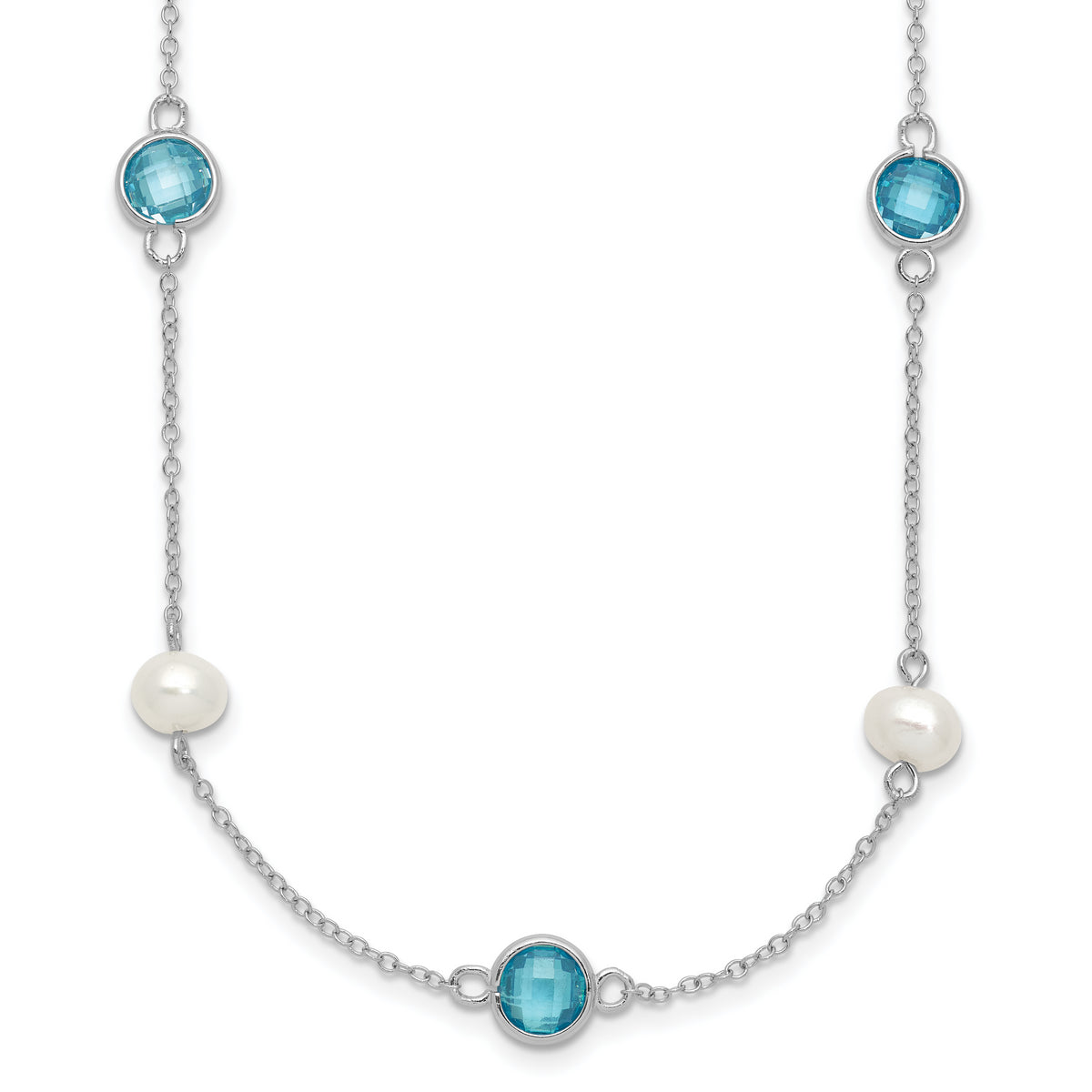 Cheryl M Sterling Silver Rhodium-Rhodium-Plated Blue Double Pineapple-cut CZ & White Freshwater Cultured Pearl 9 Station 18 Inch Necklace with 2 Inch Extender