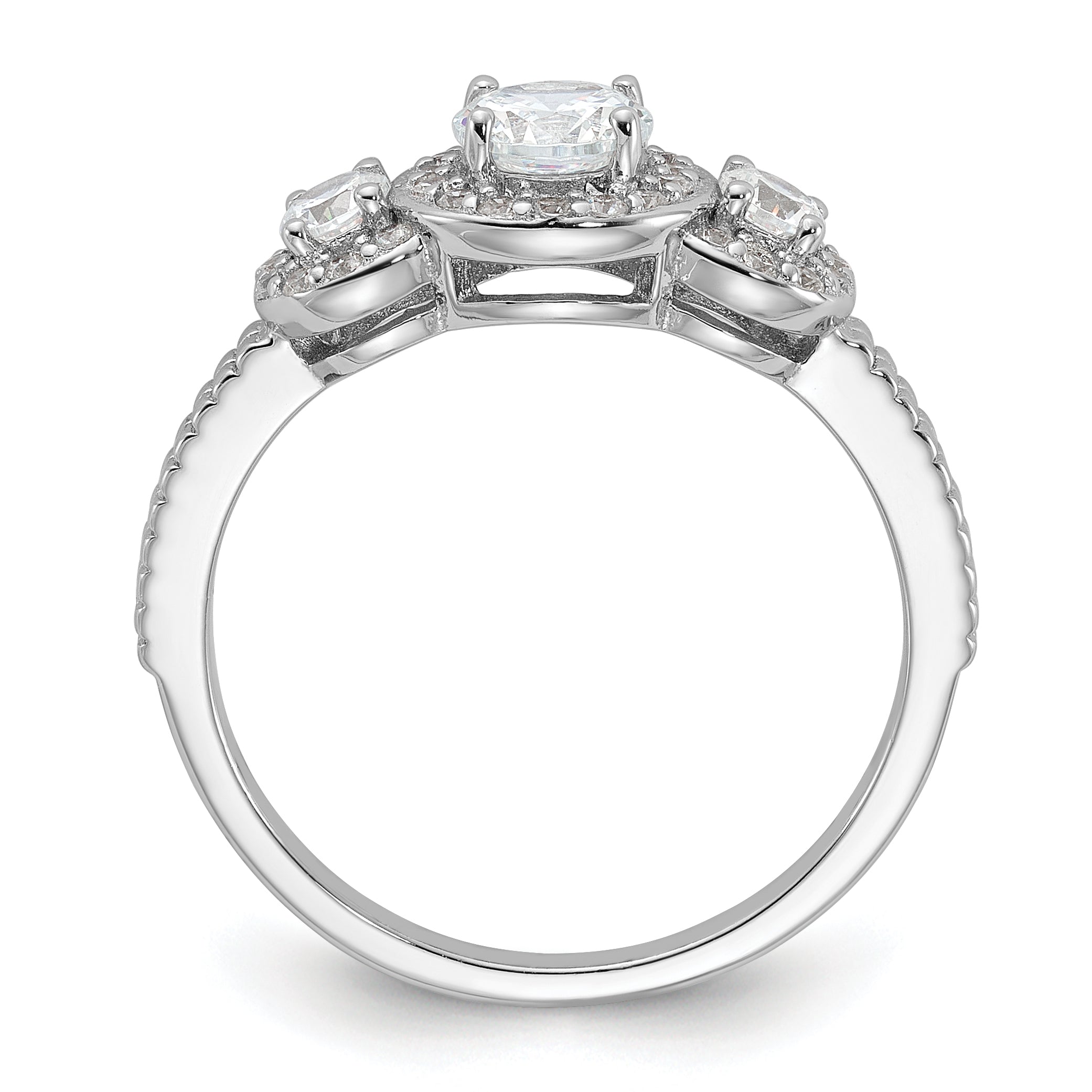 Cheryl M Sterling Silver Rhodium-plated Brilliant-cut CZ 3-Stone Halo with Textured Side Ring Secondary image