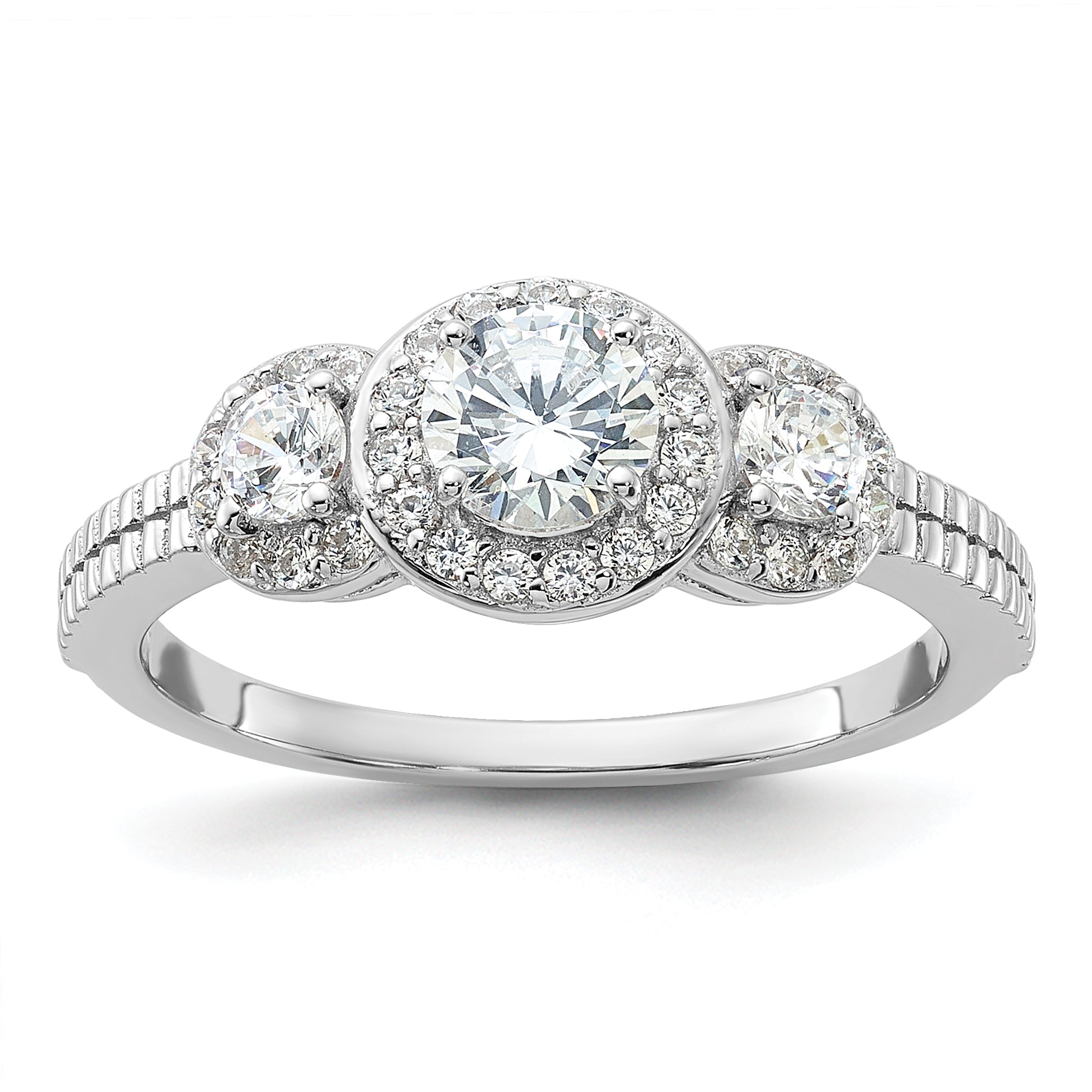 Cheryl M Sterling Silver Rhodium-plated Brilliant-cut CZ 3-Stone Halo with Textured Side Ring Main image