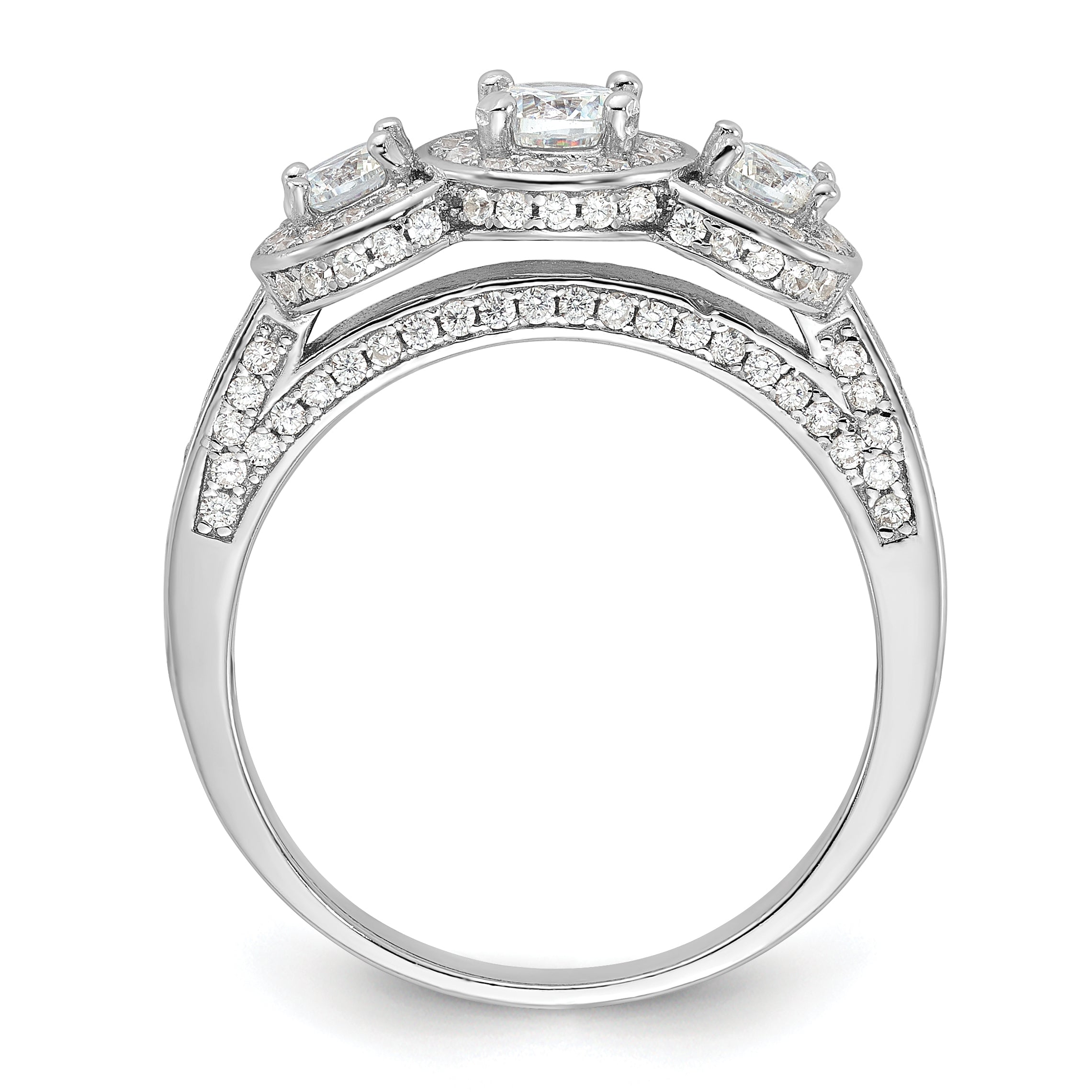 Cheryl M Sterling Silver Rhodium-plated Brilliant-cut CZ Three Stone Halo w/ Side Stones Ring Secondary image