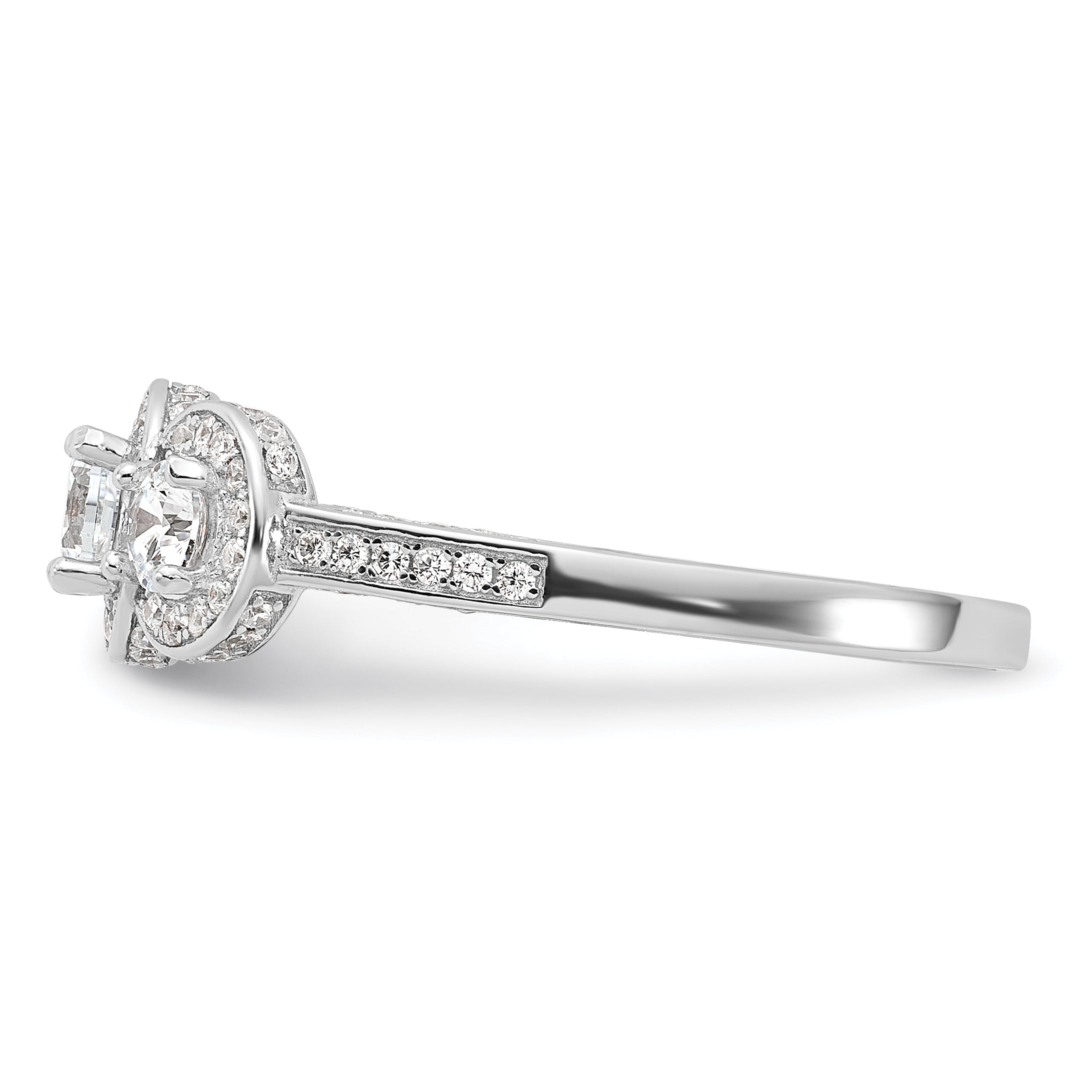 Cheryl M Sterling Silver Rhodium-plated Brilliant-cut CZ Three Stone Halo w/ Side Stones Ring