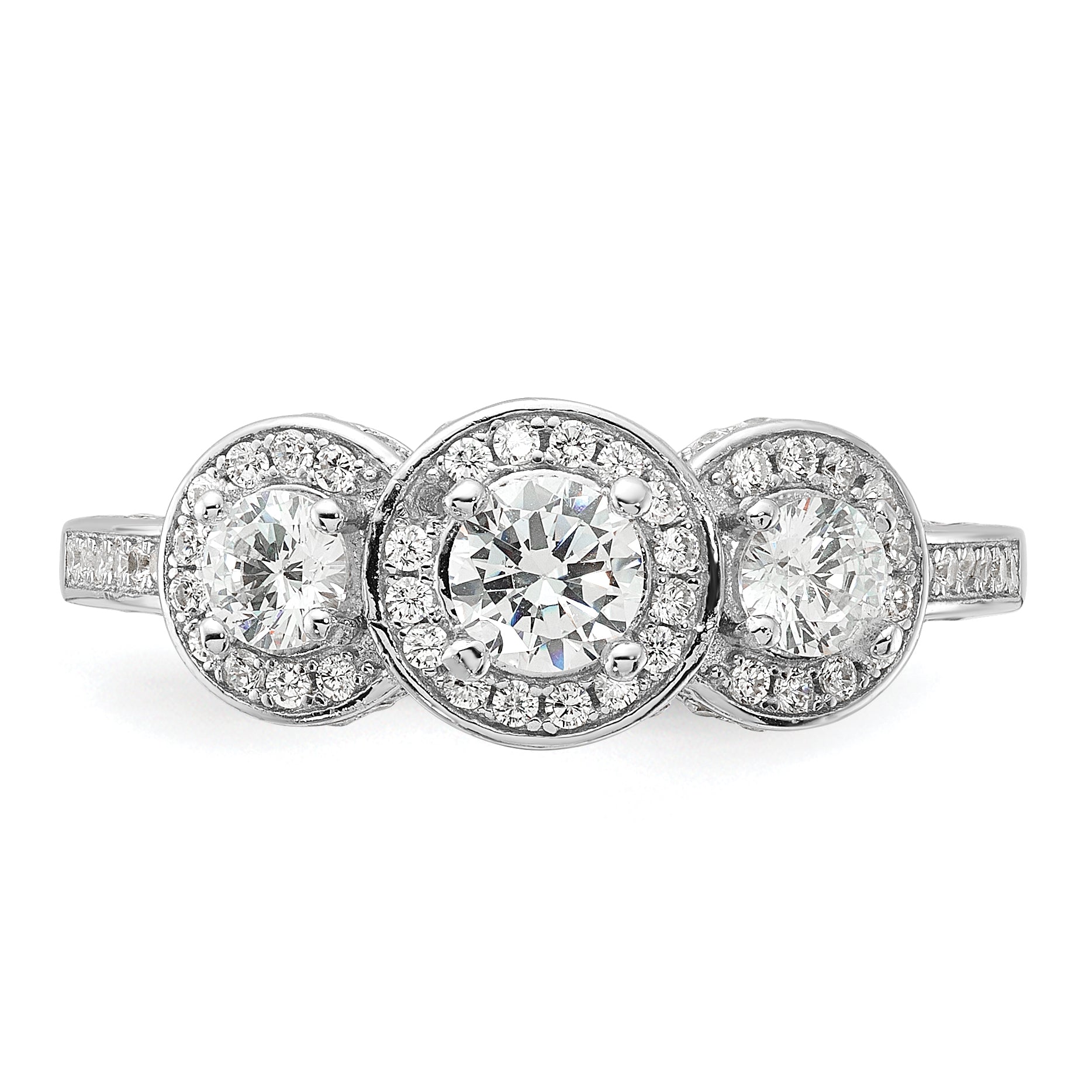 Cheryl M Sterling Silver Rhodium-plated Brilliant-cut CZ Three Stone Halo w/ Side Stones Ring