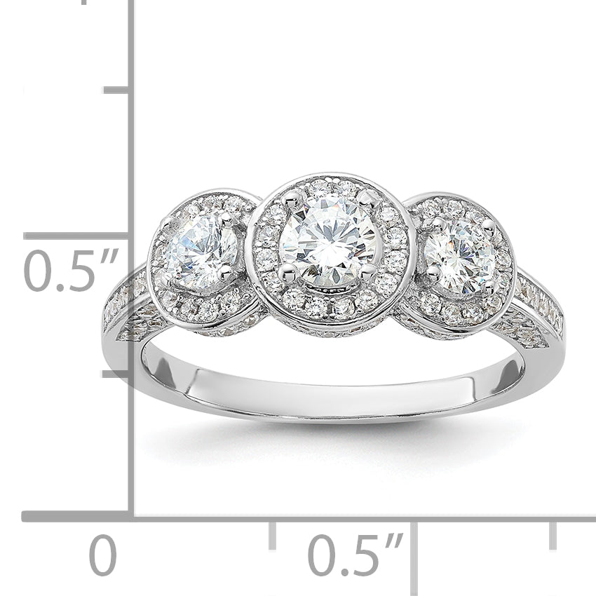 Cheryl M Sterling Silver Rhodium-plated Brilliant-cut CZ Three Stone Halo w/ Side Stones Ring