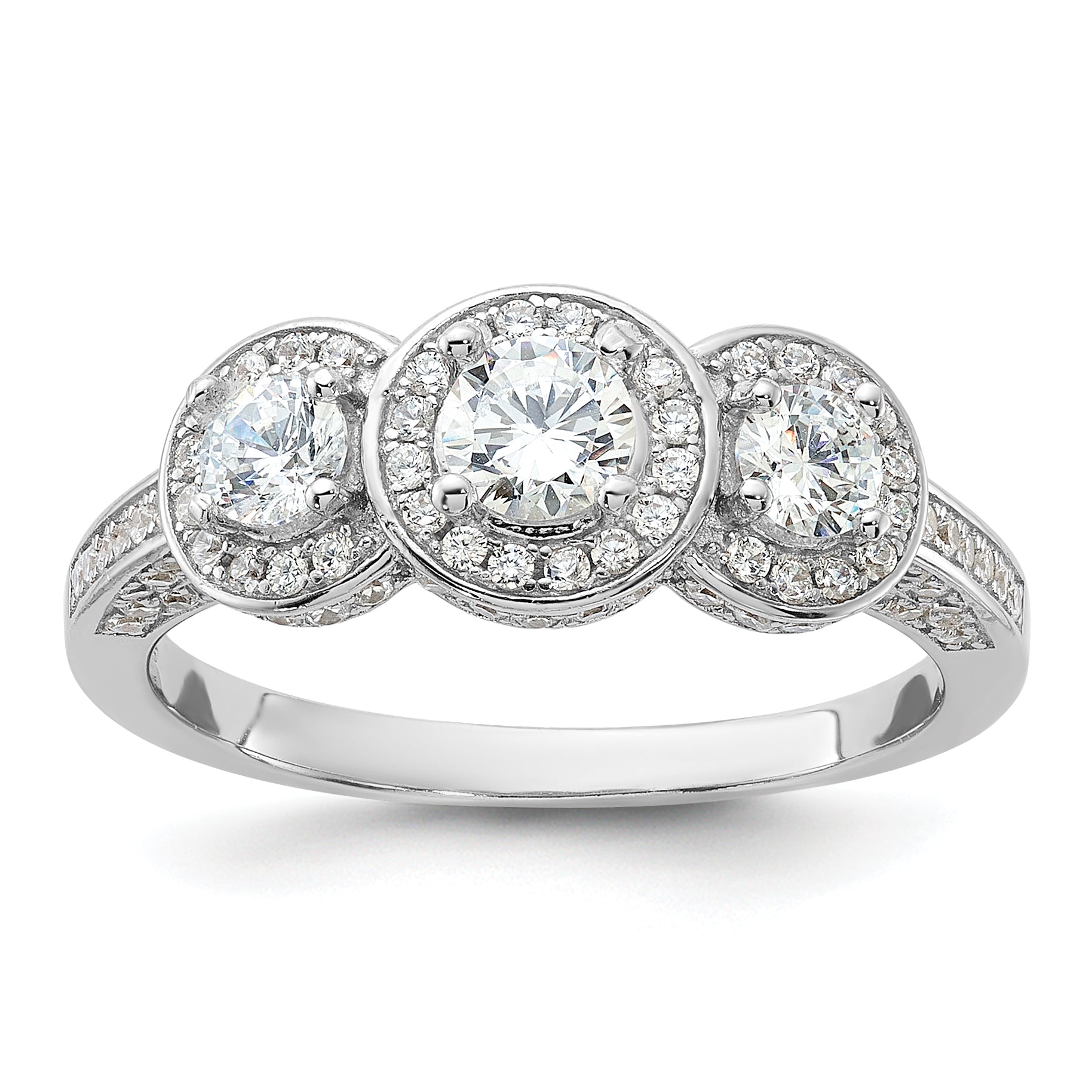 Cheryl M Sterling Silver Rhodium-plated Brilliant-cut CZ Three Stone Halo w/ Side Stones Ring Main image