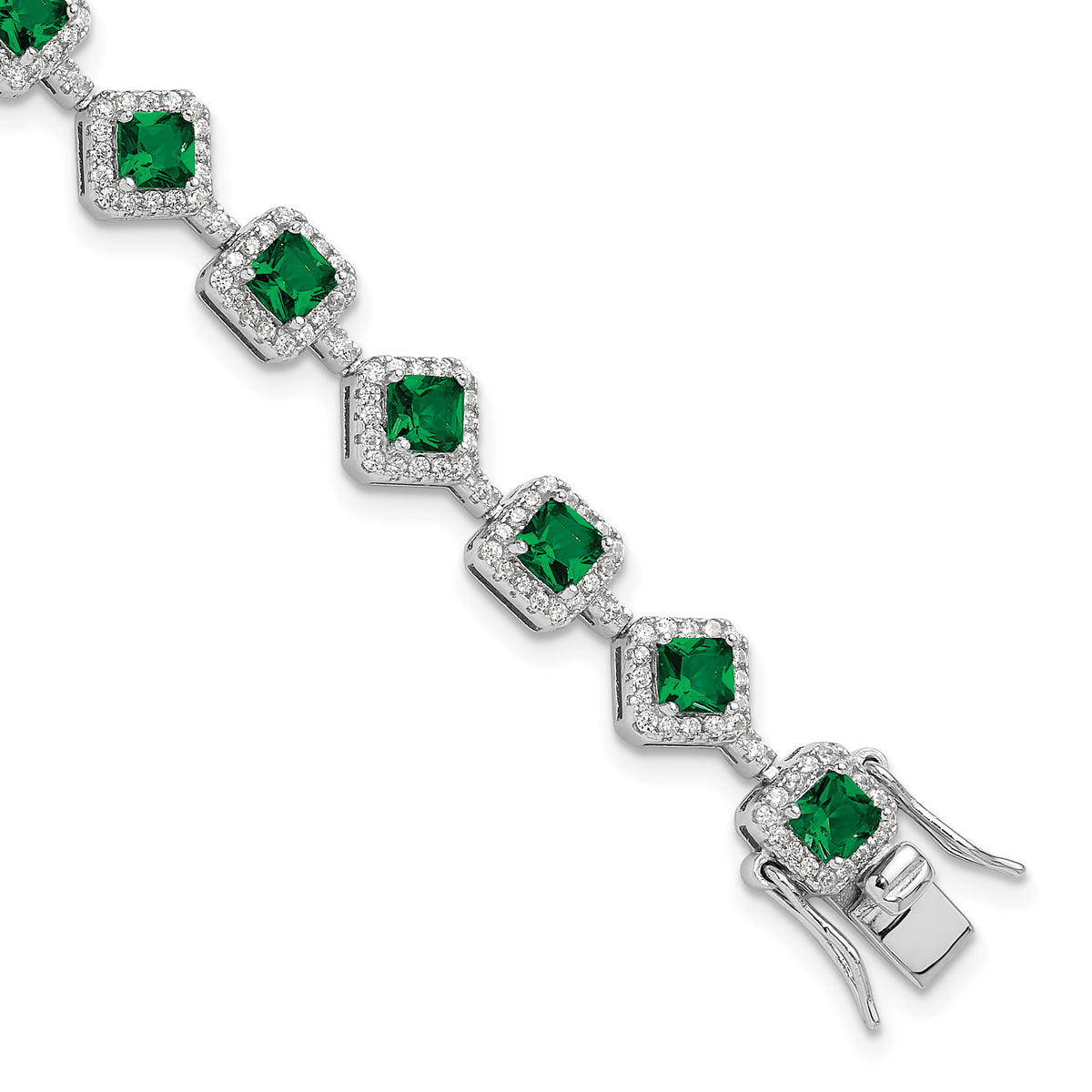 Cheryl M Sterling Silver Rhodium-Rhodium-Plated Fancy Cushion-cut Green Glass and Brilliant-cut White CZ 7.5 Inch Bracelet