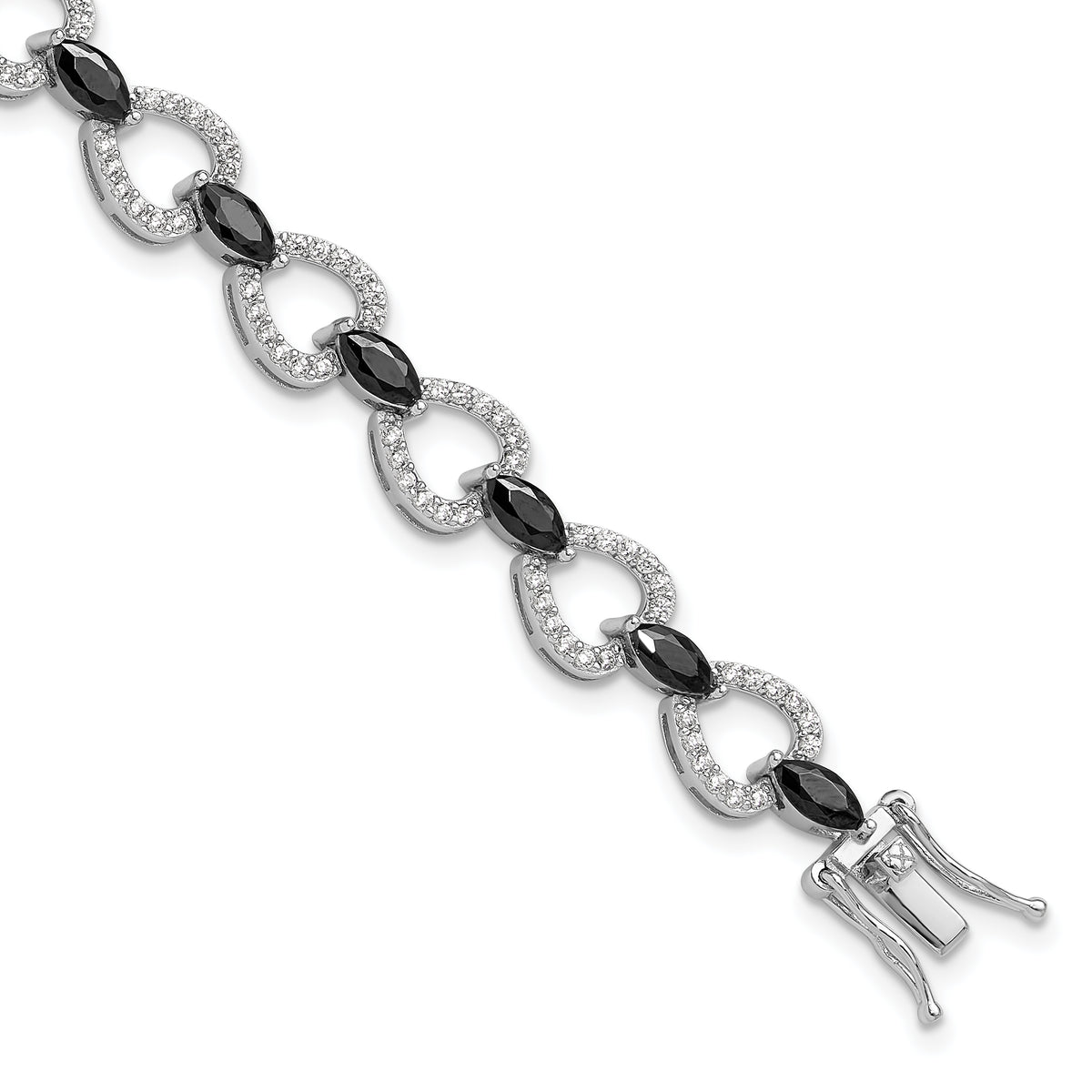 Cheryl M Sterling Silver Rhodium-Rhodium-Plated Fancy Marquise-cut Black CZ and Brilliant-cut White CZ 7.5 Inch Bracelet