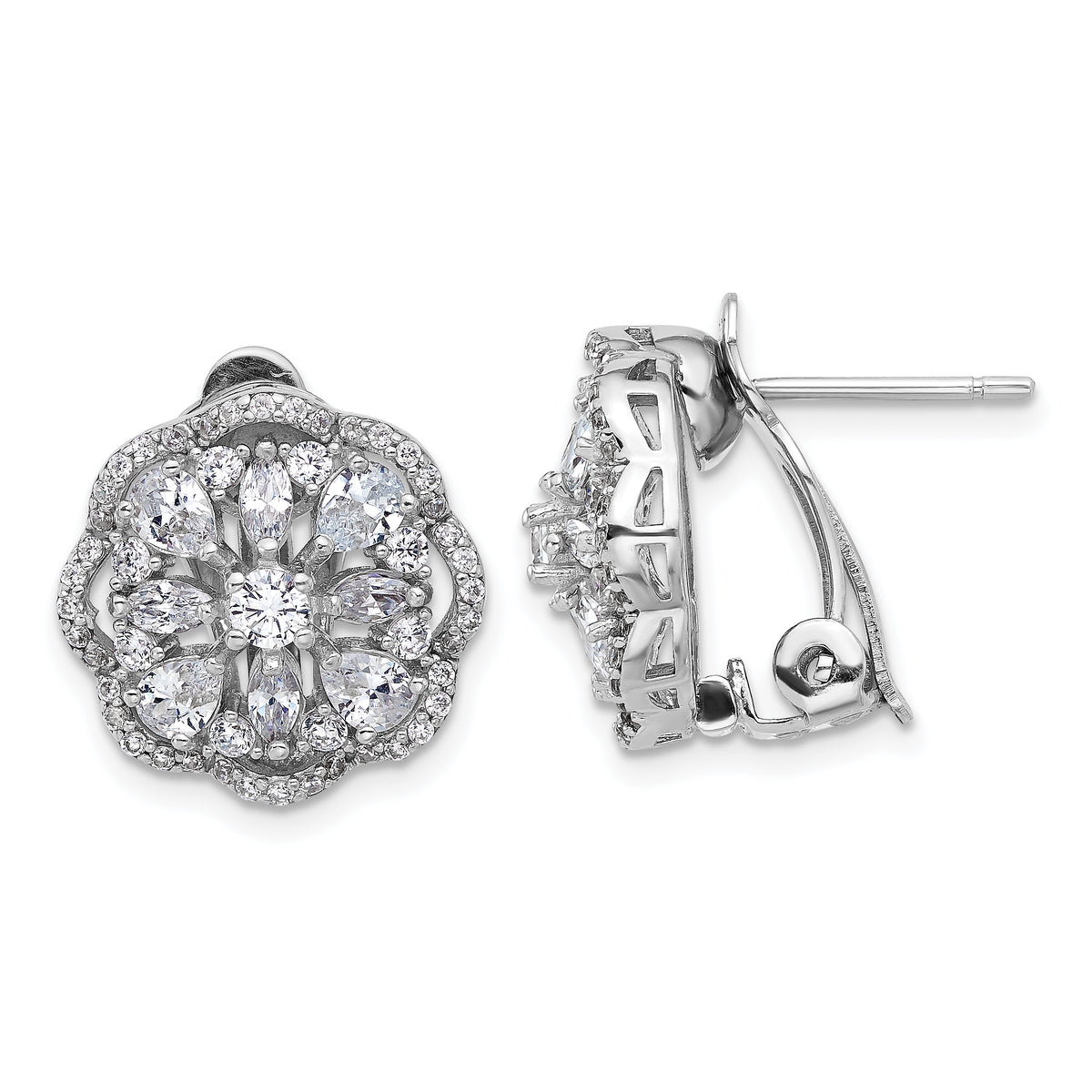 Cheryl M Sterling Silver Rhodium-plated Brilliant-cut and Marquise-cut CZ Flower Post Omega Earrings