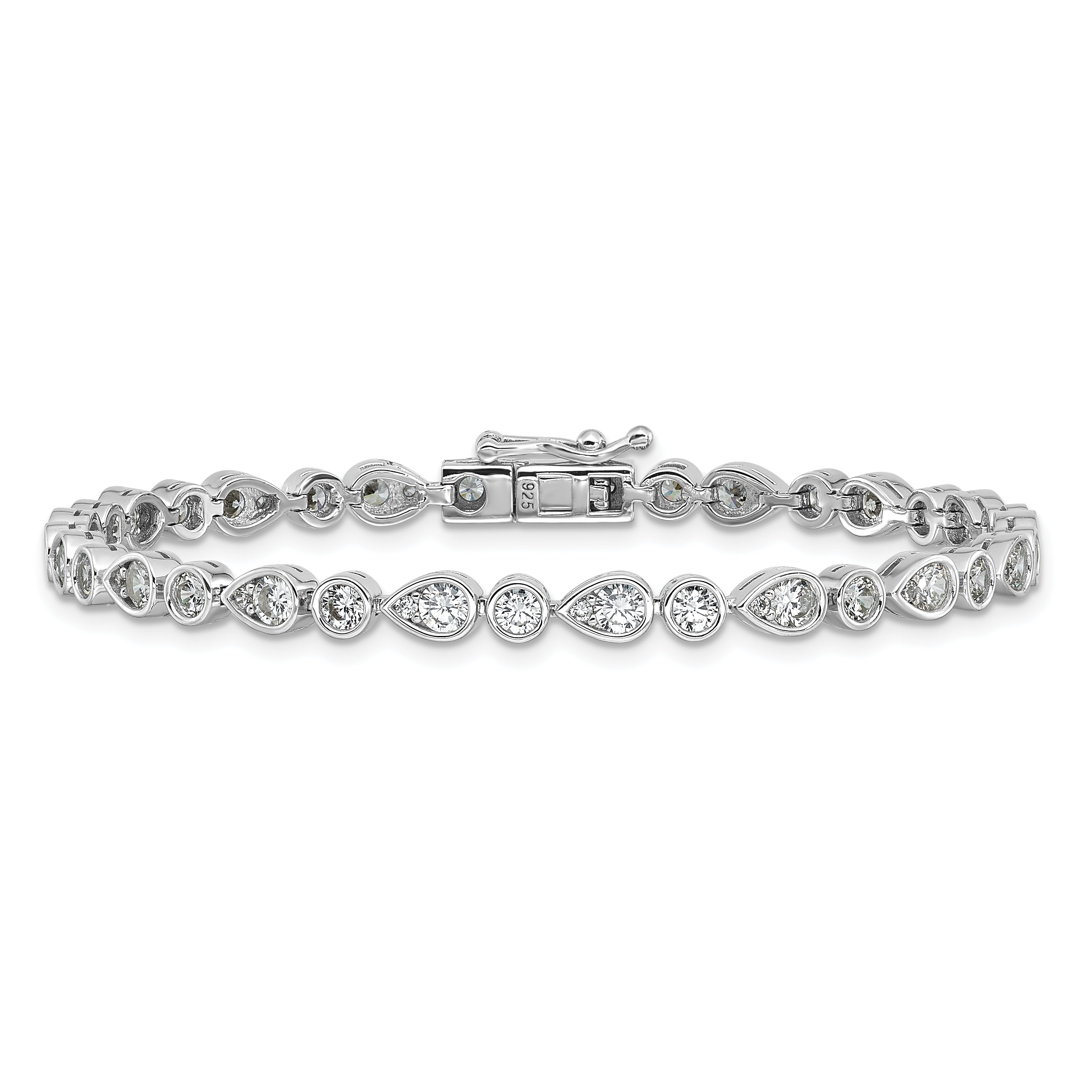 Cheryl M Sterling Silver Rhodium-plated Polished Bezel Set Round and Pear CZ Bracelet