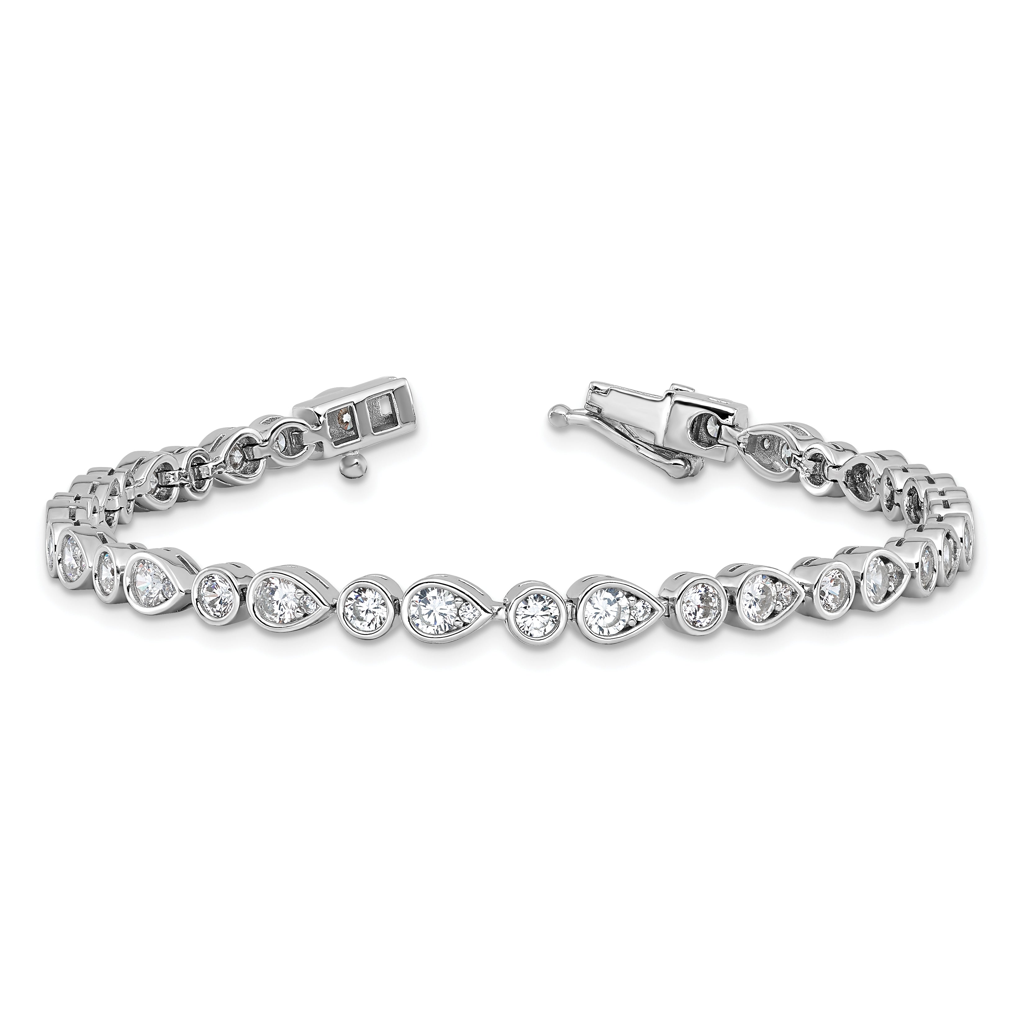 Cheryl M Sterling Silver Rhodium-plated Polished Bezel Set Round and Pear CZ Bracelet