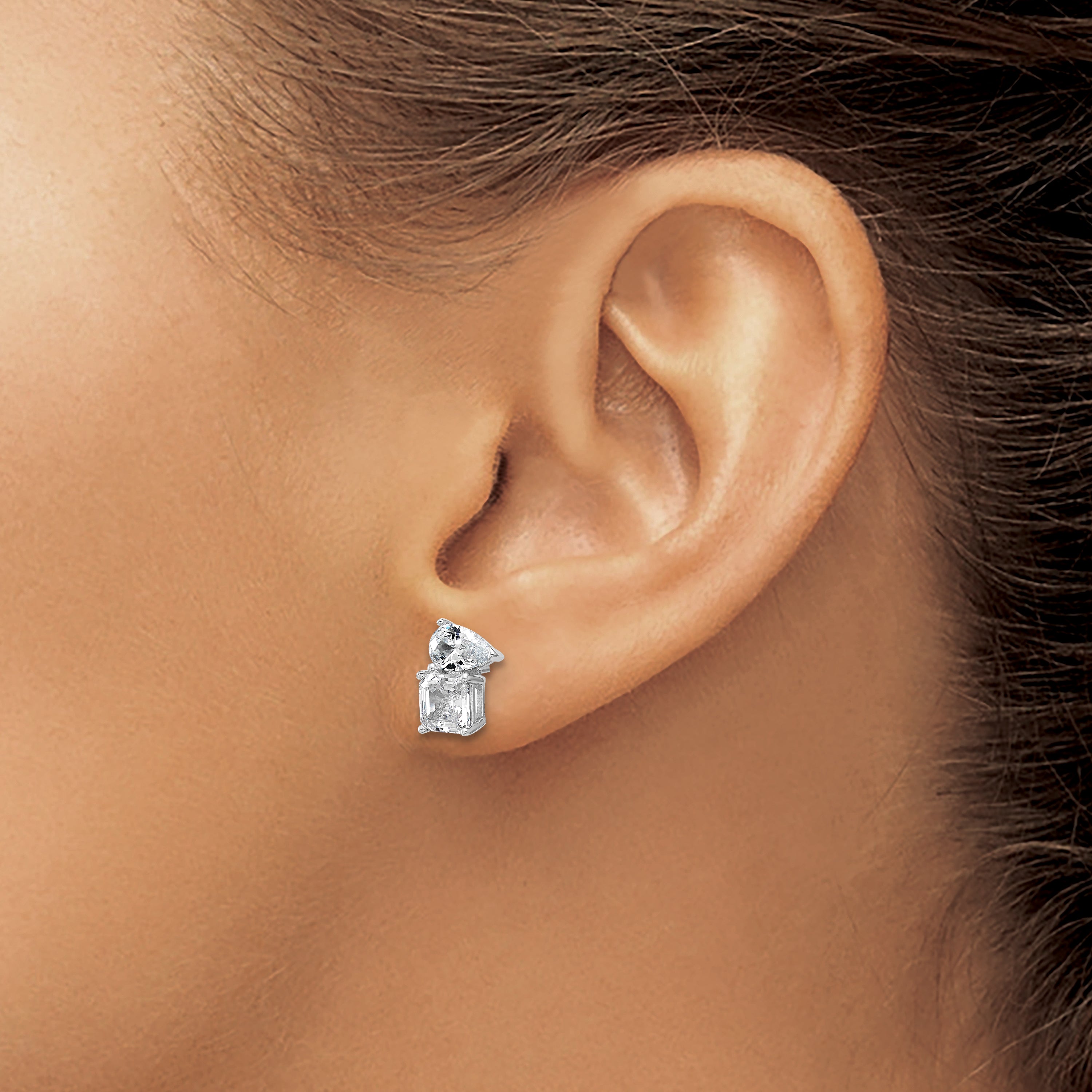 Cheryl M Sterling Silver Rhodium-plated Polished Pear and Square CZ Post Earrings